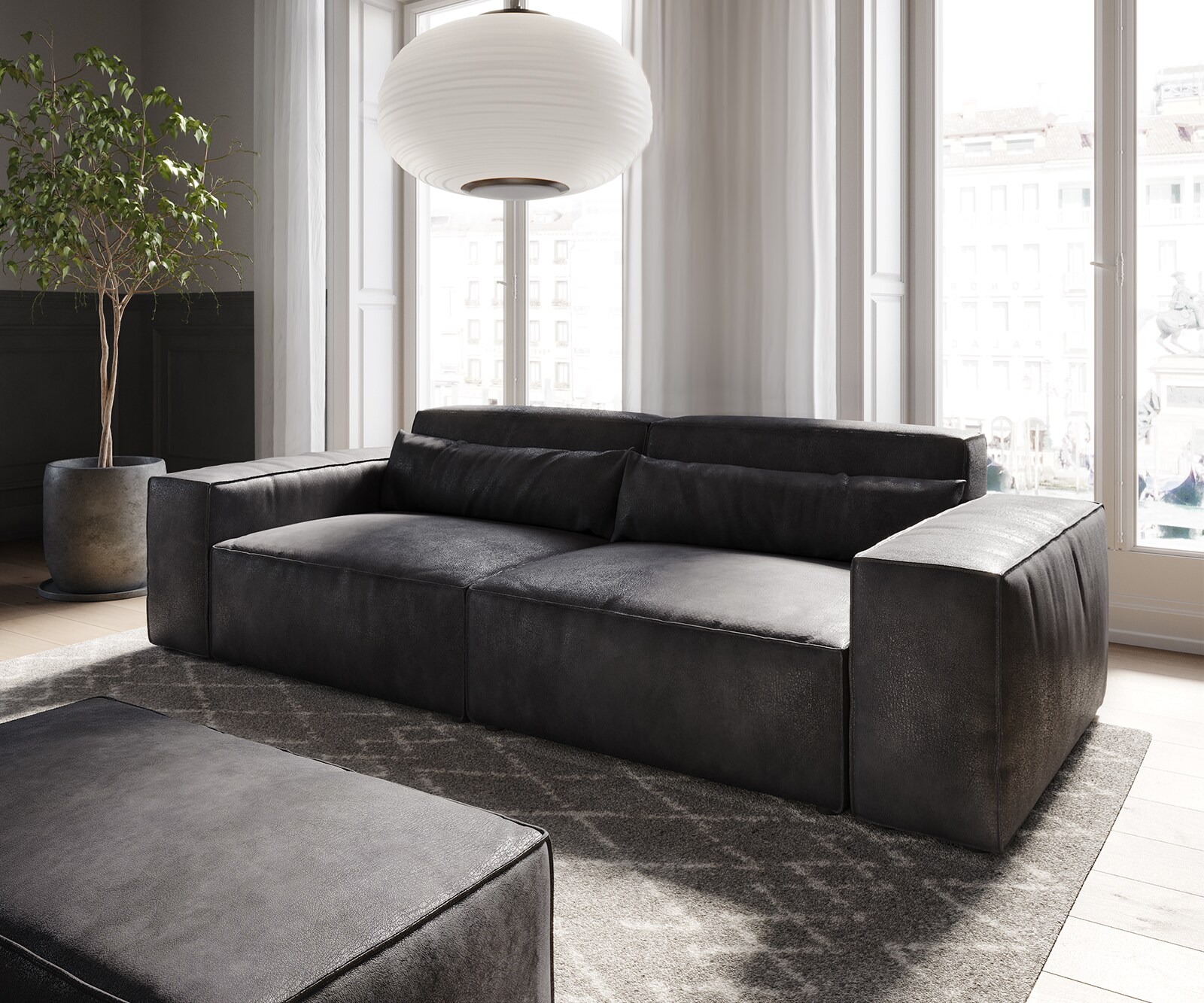 Big-Sofa Sirpio 230x95 cm Lederimitat Vintage Anthrazit  mit Hocker