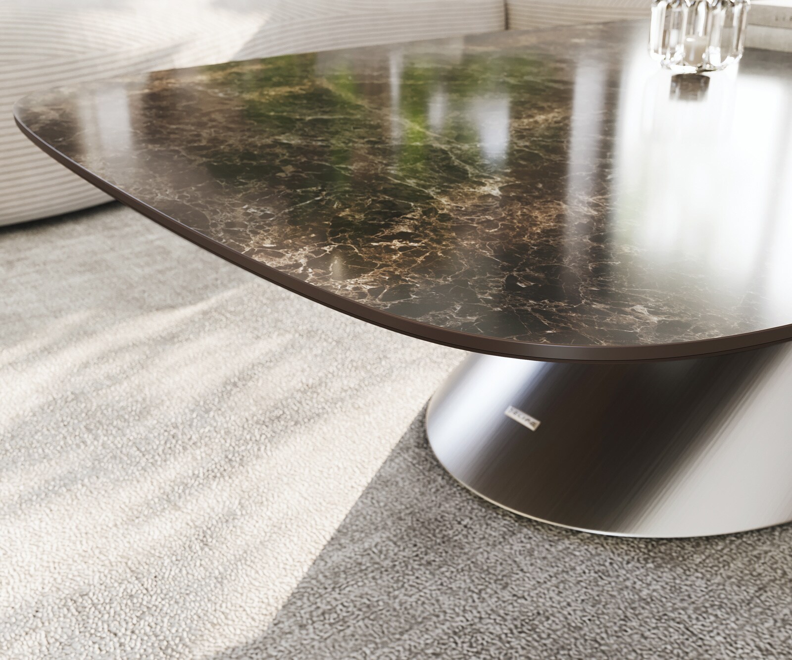 Table basse Edge Boot 140x80 cm céramique Laminam® Emperador Extra Lucidato brun foncé Conis acier inoxydable brossé 6