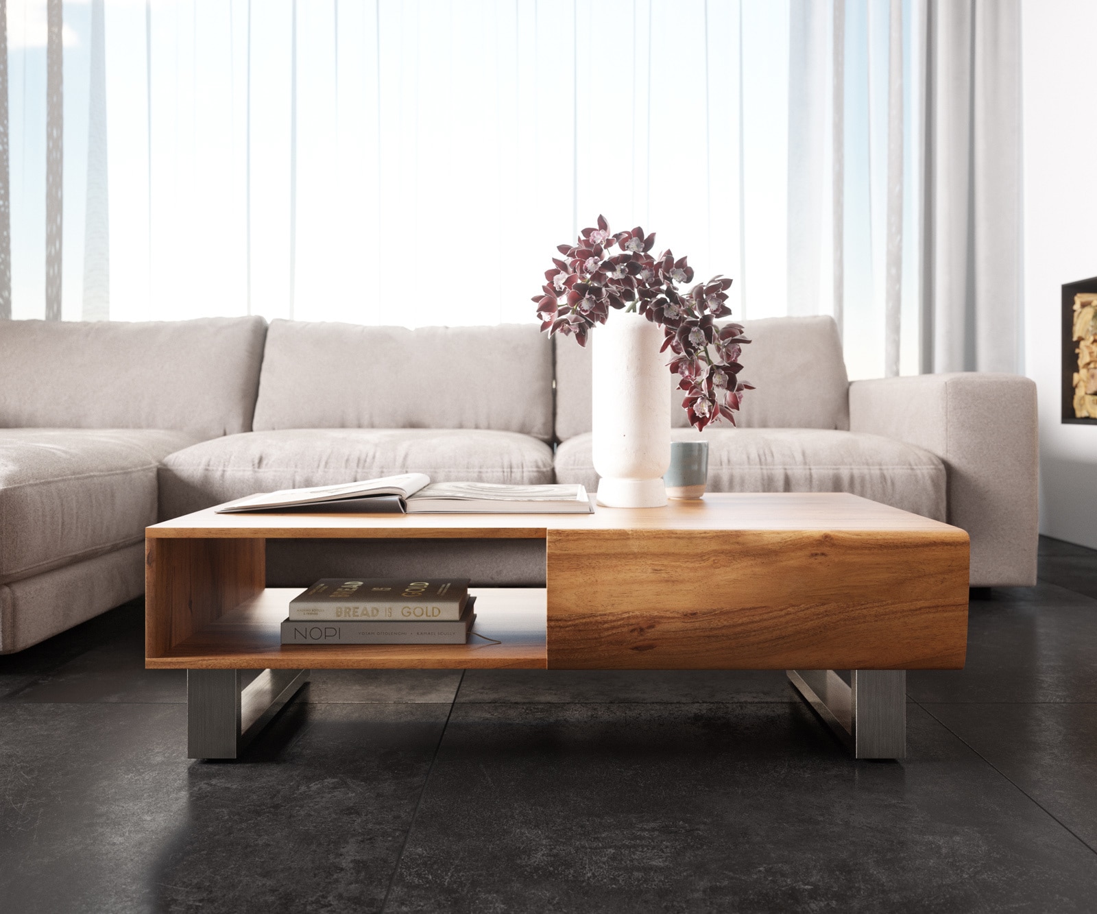 Table-basse New Live-Edge 115x60 cm acacia naturel 2 tiroirs 1 compartiment patin inoxydable brossé 1 Table-basse New Live-Edge 115x60 cm acacia naturel 2 tiroirs 1 compartiment patin inoxydable brossé 1