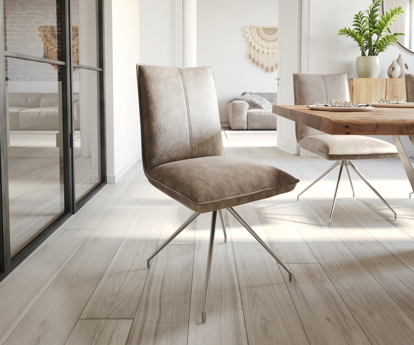 Chaise-de-salle-à-manger Lelio-Flex microvelours taupe vintage pied croisé conique acier inoxydable brossé ressorts ensachés Chaise-de-salle-à-manger Lelio-Flex microvelours taupe vintage pied croisé conique acier inoxydable brossé ressorts ensachés
