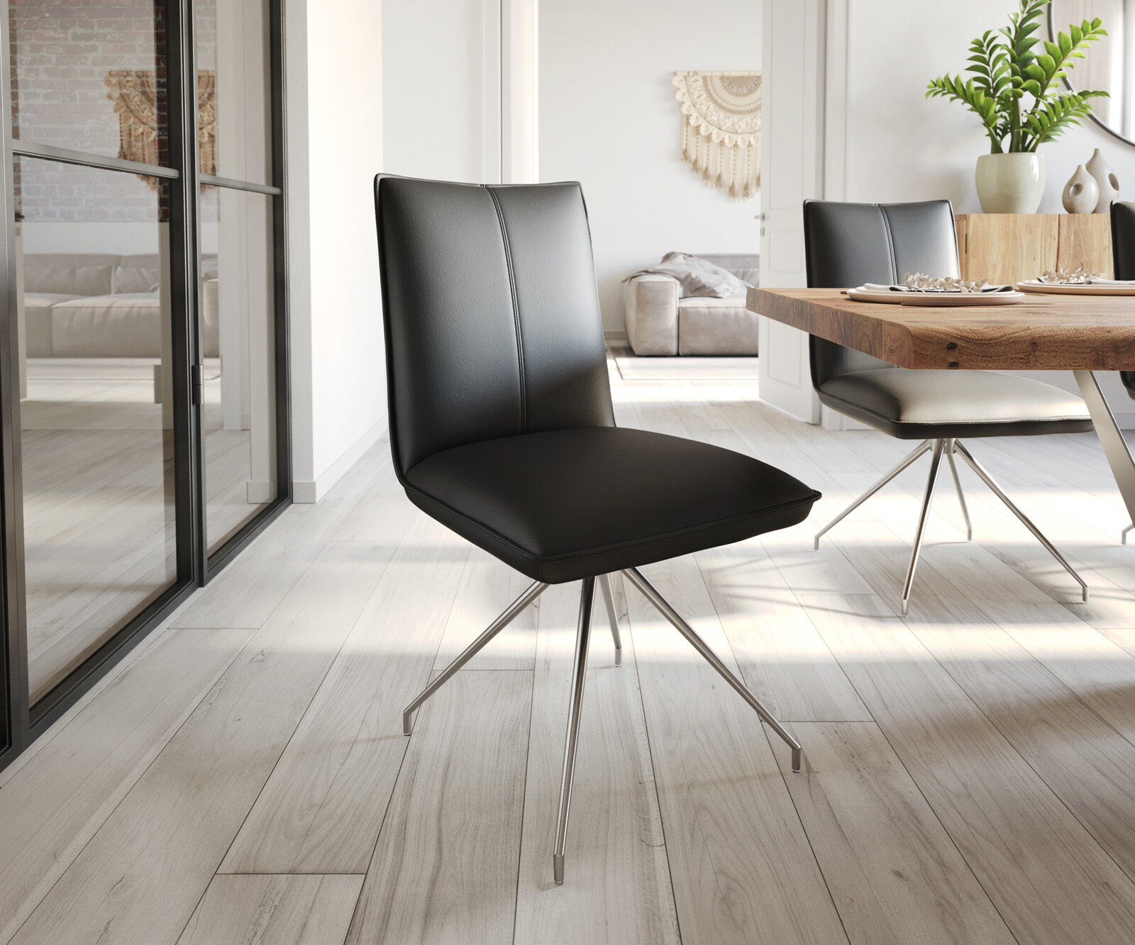 Drehstuhl Lelio-Flex Echt-Leder Schwarz Kreuzgestell konisch Edelstahl 180° drehbar Taschenfederkern