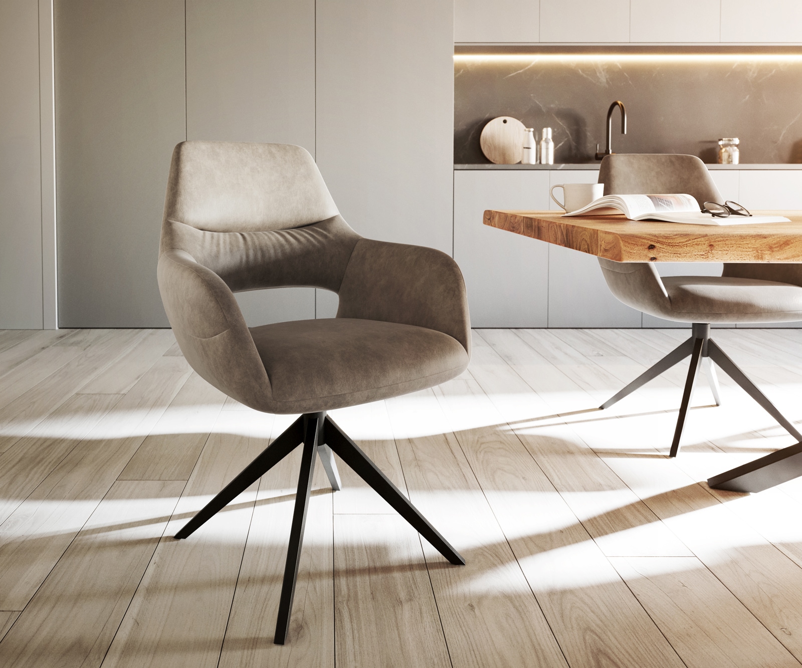 Esszimmerstuhl Yago-Flex mit Armlehnen Mikrofaser Taupe Vintage Kreuzgestell breit Schwarz Taschenfederkern Esszimmerstuhl Yago-Flex mit Armlehnen Mikrofaser Taupe Vintage Kreuzgestell breit Schwarz Taschenfederkern