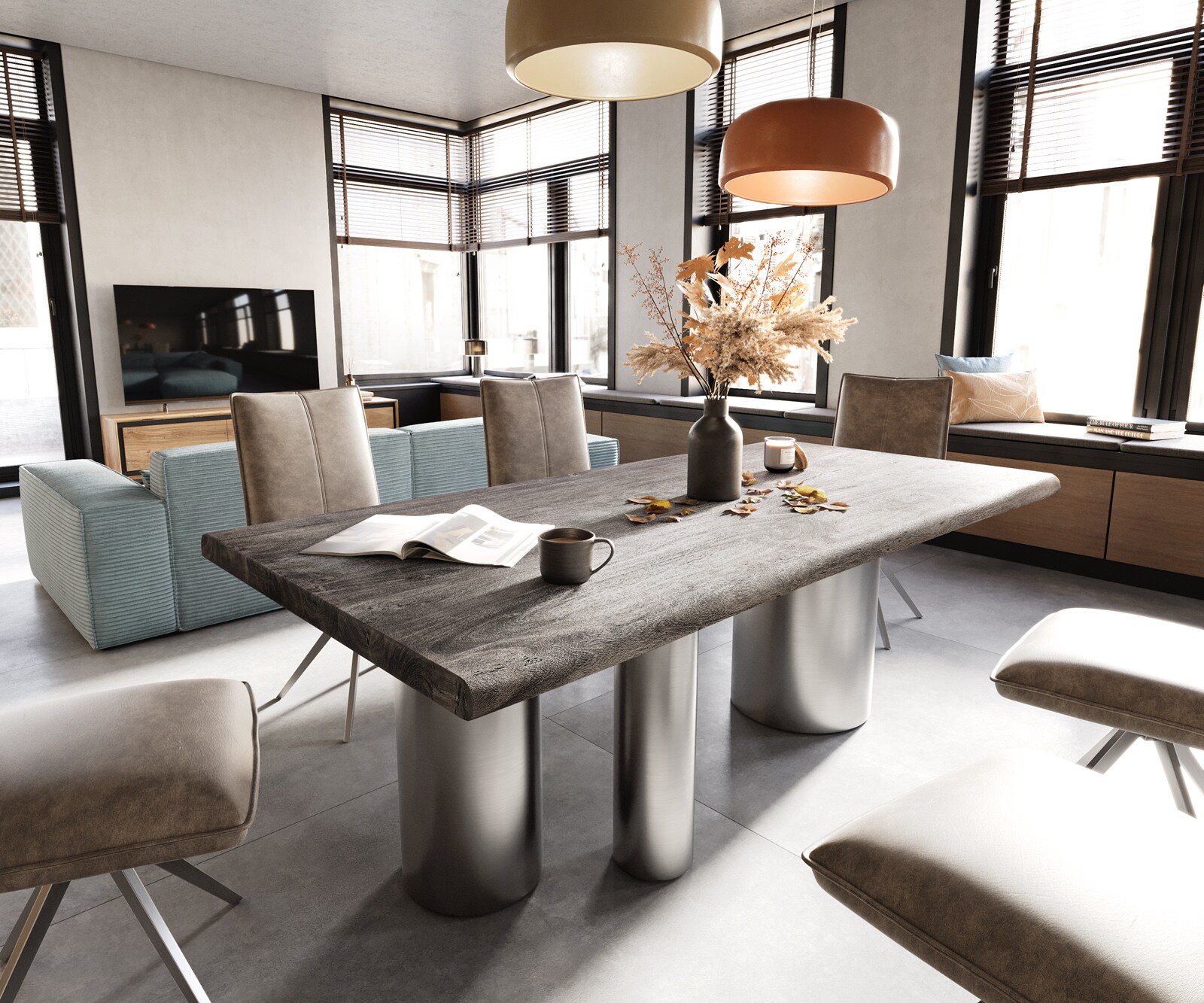 Esstisch Edge 200x100 XL Akazie Platin Troa Edelstahl gebürstet Live-Edge 1