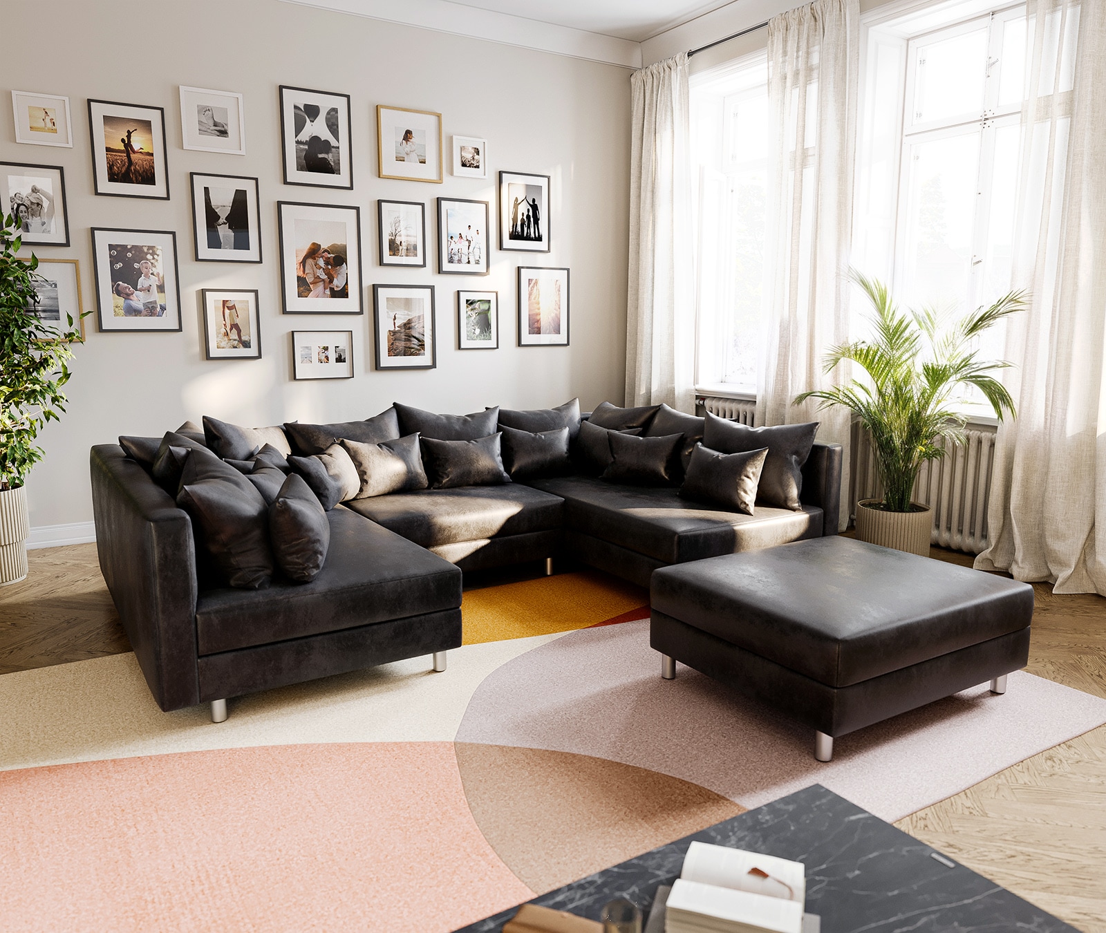 Canapé-panoramique Clovis Anthracite look Antique Modulable avec Tabouret Canapé-panoramique Clovis Anthracite look Antique Modulable avec Tabouret