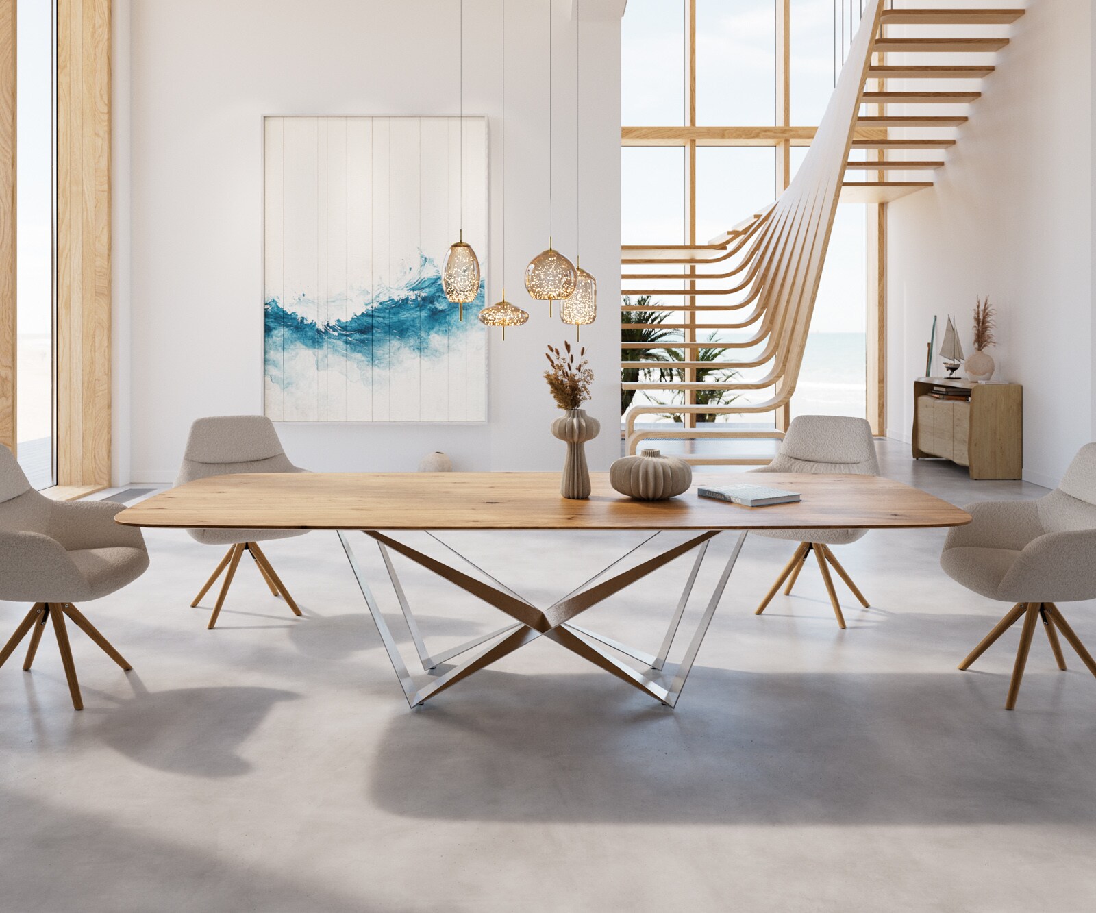 Table à manger Edge Boot 300x120x2,5-3 chêne nature Spider acier plat acier inoxydable bord suisse 2
