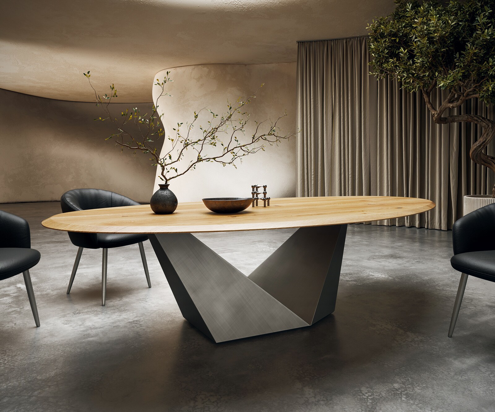 Table à manger Edge ovalee 280x130x2,5 chêne naturee Prisma métallique argent Flow-Edge