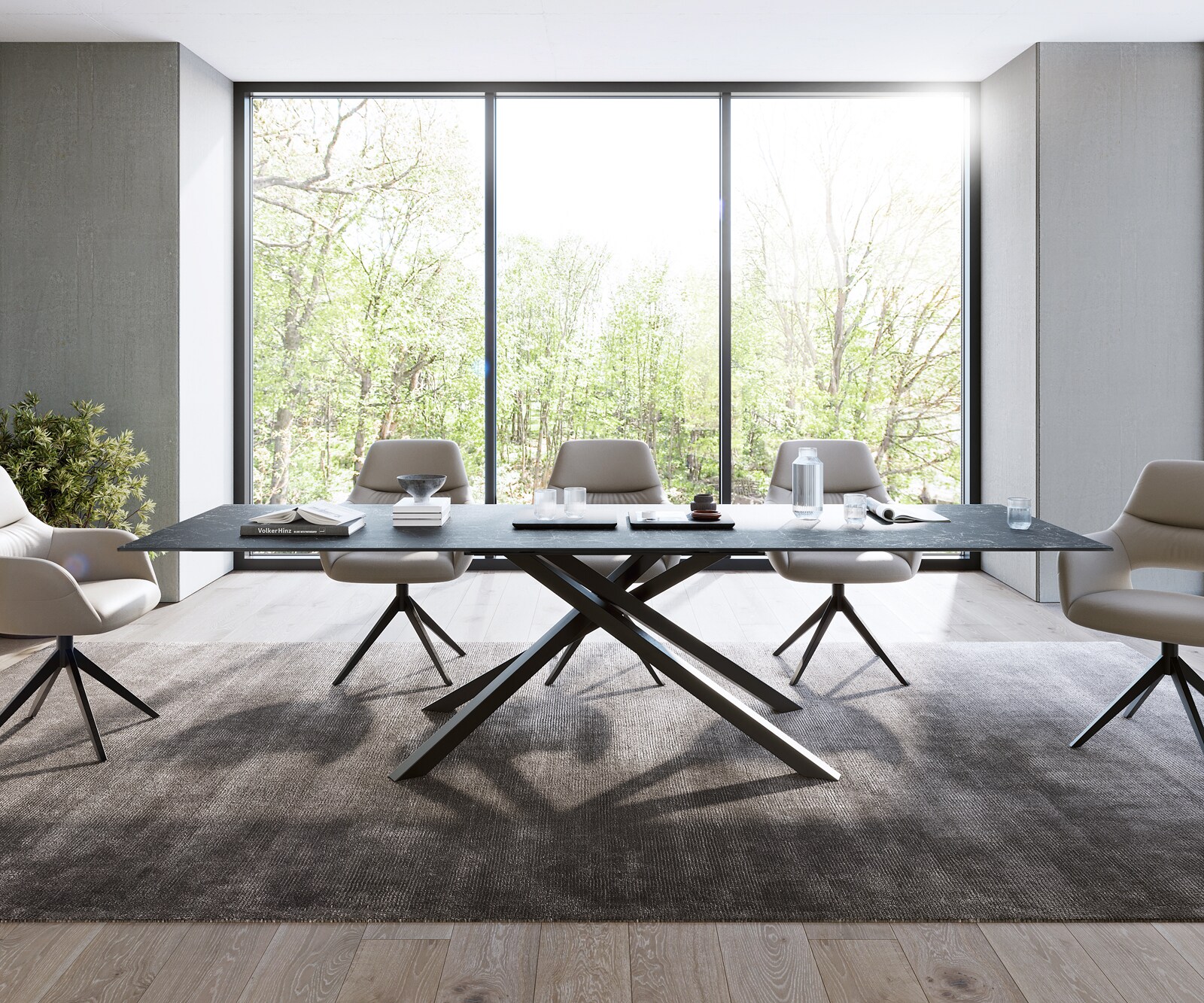 Table-à-manger Edge 300x100cm Laminam® céramique gris pieds milieu croisé noir 1