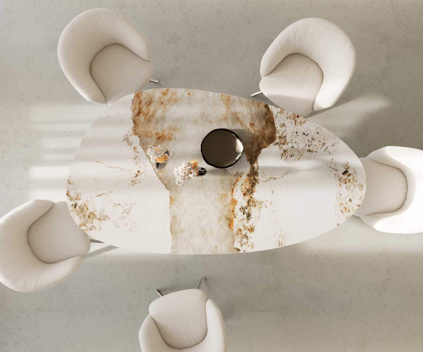 Esstisch Edge Oval 220x120 Keramik Minas Melange Weiß-Beige Pilier Edelstahl 4 Esstisch Edge Oval 220x120 Keramik Minas Melange Weiß-Beige Pilier Edelstahl 4