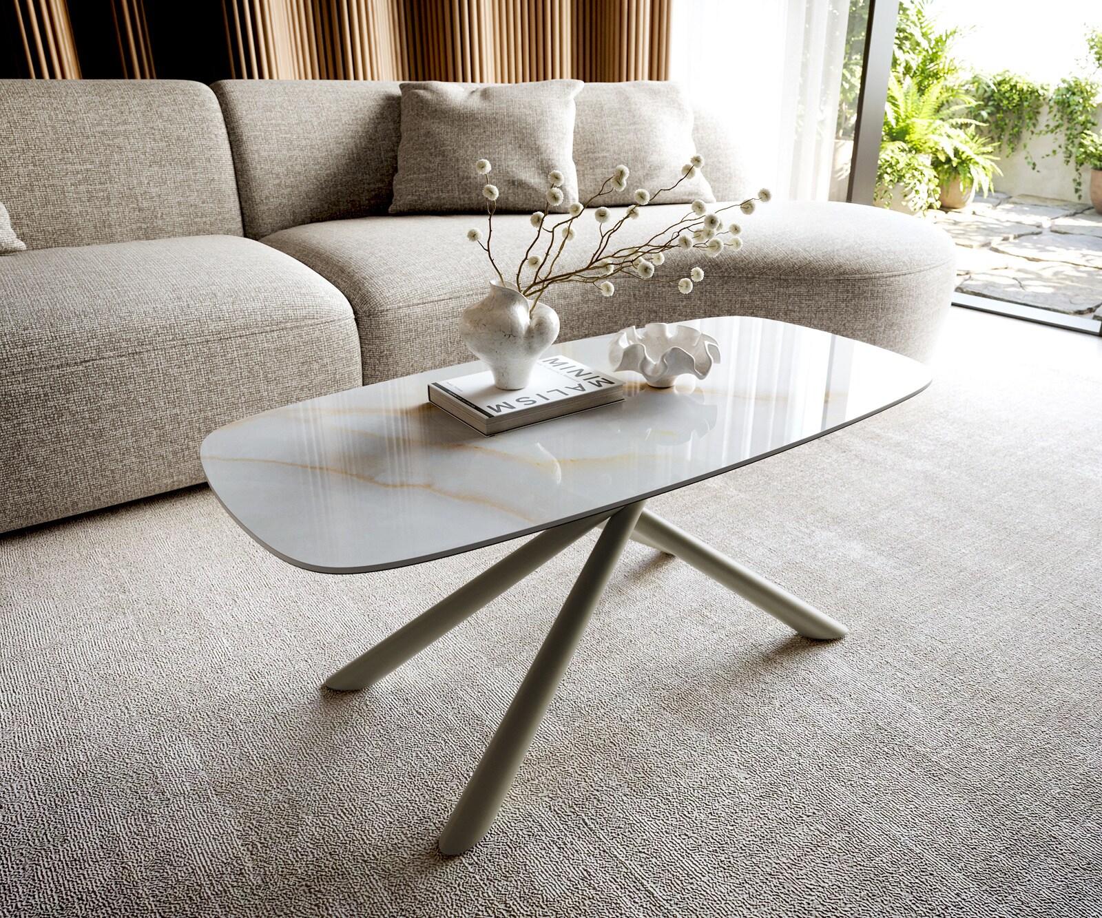 Table basse Edge forme bateau 100x50 cm céramique Onyx Pearl Sarity métal finition effet titane