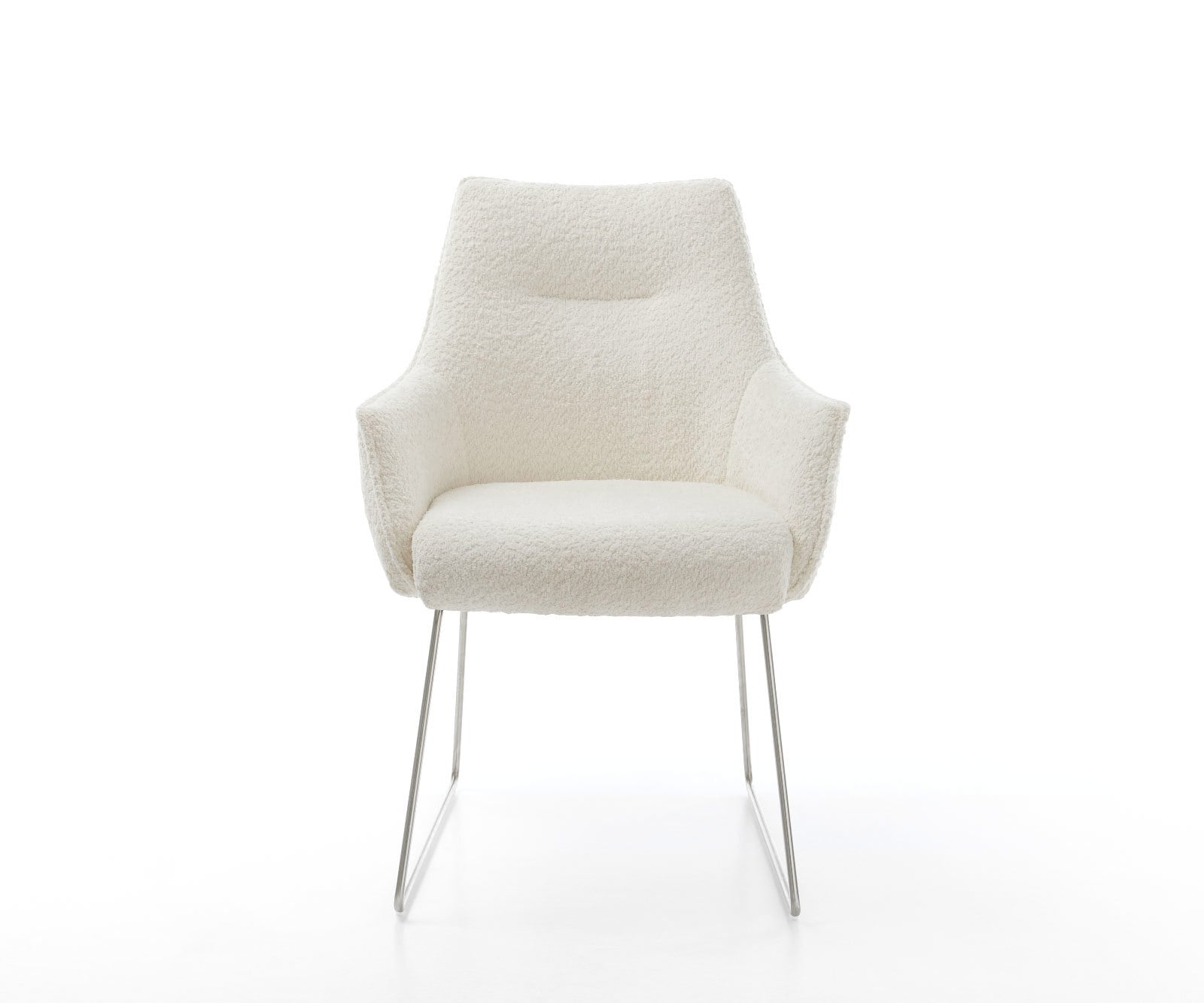 Chaise-de-salle-à-manger Alja-Flex avec accoudoirs bouclé blanc pied trapèze acier inoxydable brossé ressorts ensachés 2