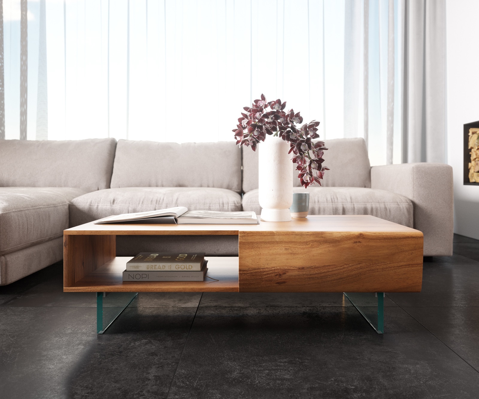 Table basse New Live-Edge 115x60 cm acacia naturel 2 tiroirs 1 compartiment pieds en verre  2