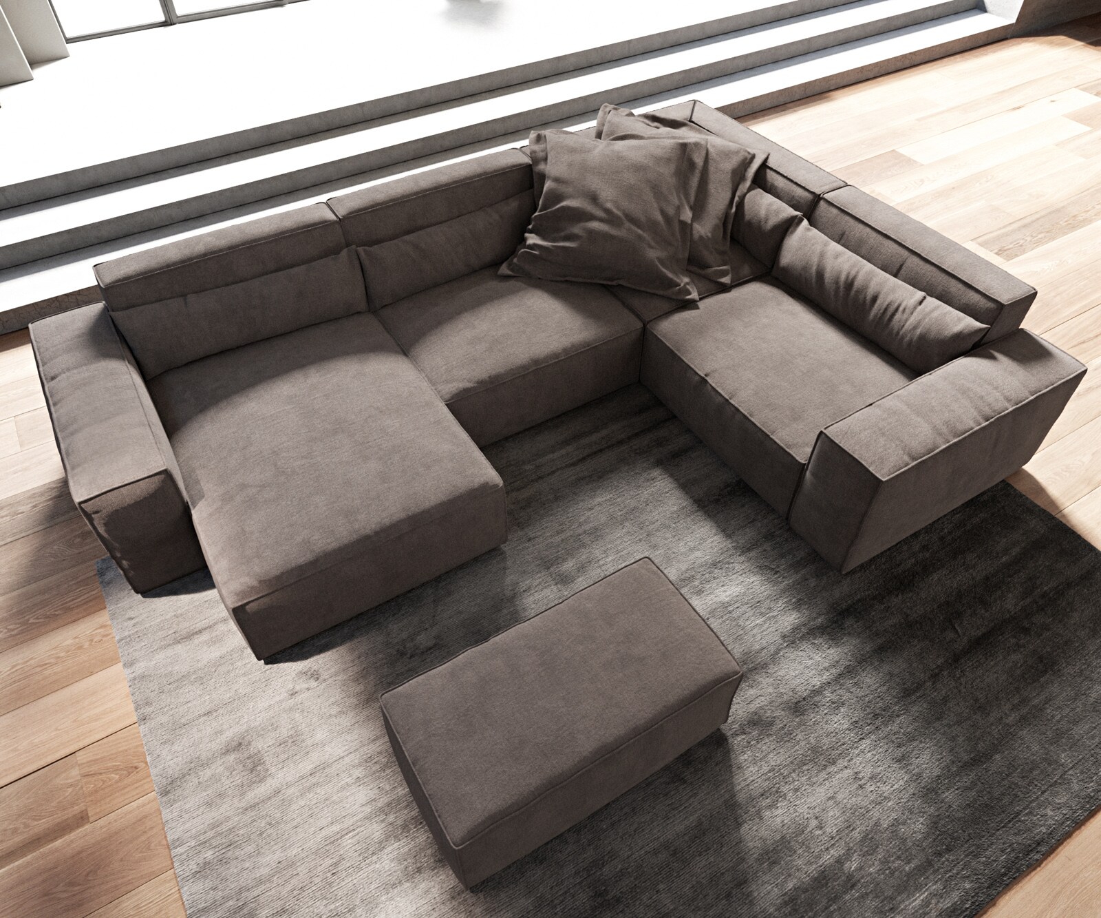 Wohnlandschaft Sirpio 300x200 cm Mikrofaser Khakibraun Recamiere variabel mit Hocker 3