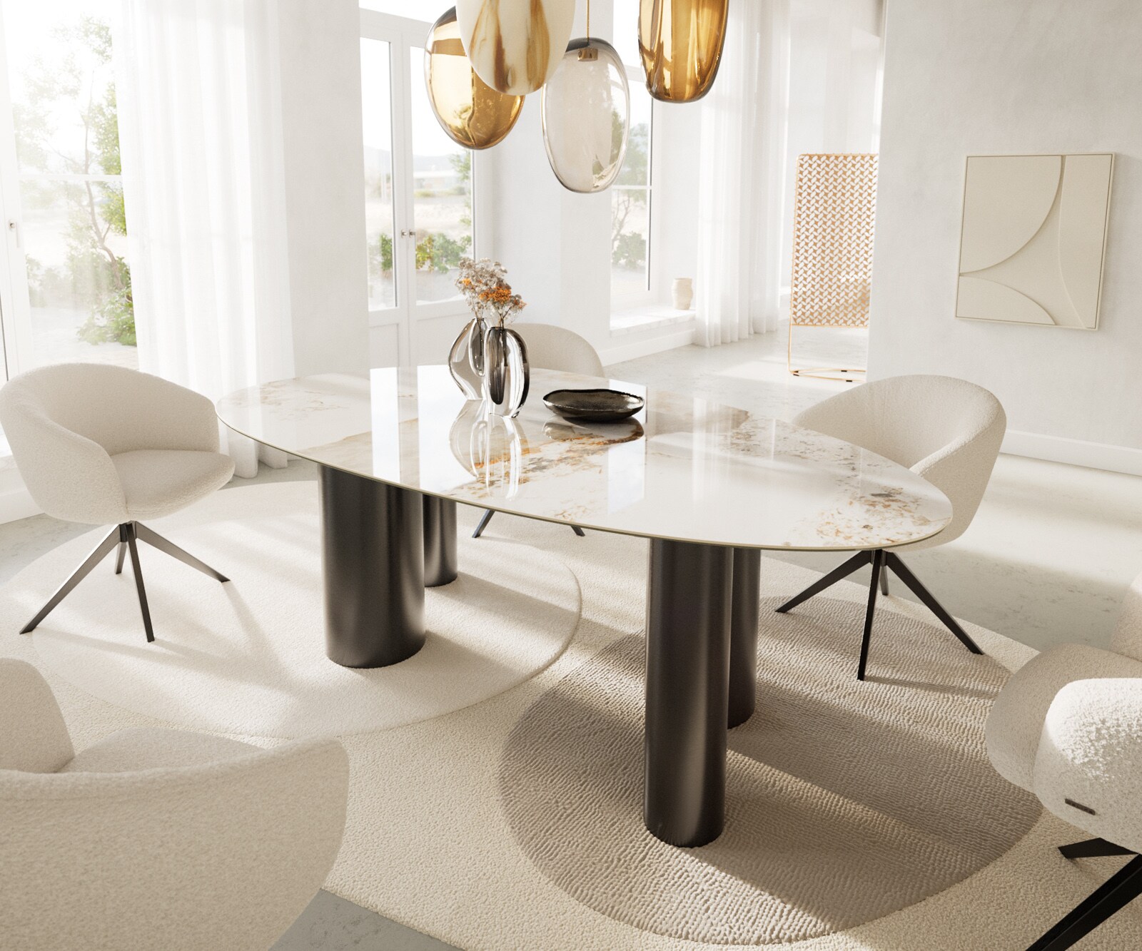 Esstisch Edge Oval 220x120 Keramik Minas Melange Weiß-Beige Pilier Edelstahl Graphit