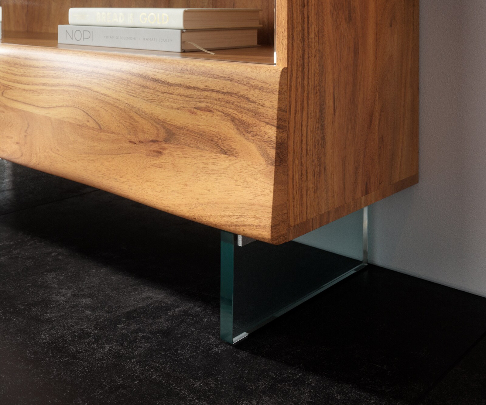 Étagère New Live-Edge 115x150 cm acacia naturel 2 tiroirs pieds en verre  5
