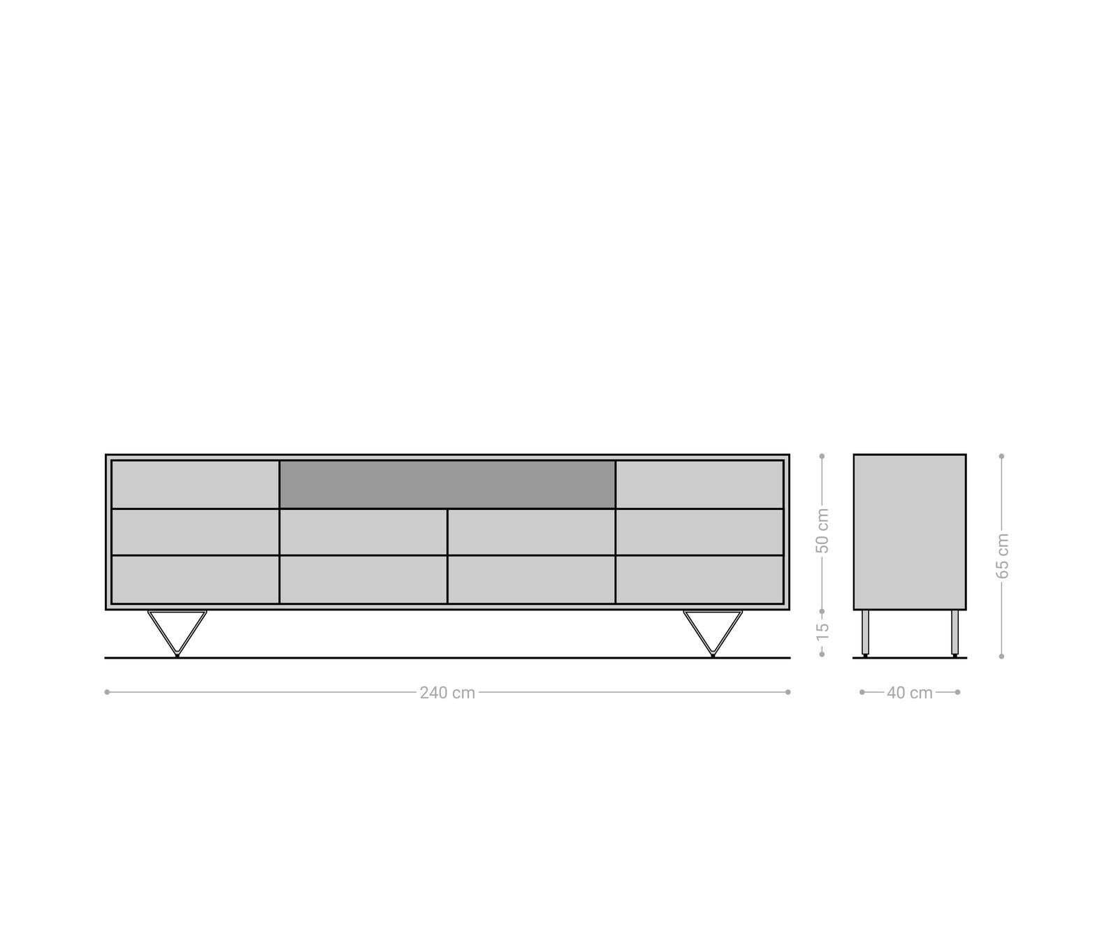 Sideboard Eloi 240x40 cm Akazie Natur 2 Türen 6 Schubladen V-Fuß Edelstahl 8