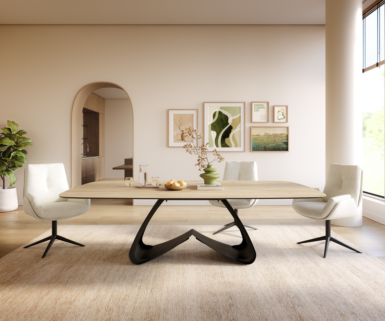 Table à manger Edge Boot 240x120 cm Céramique Laminam® Sabbia Eichefarbig piètement en W Métal Noir 1