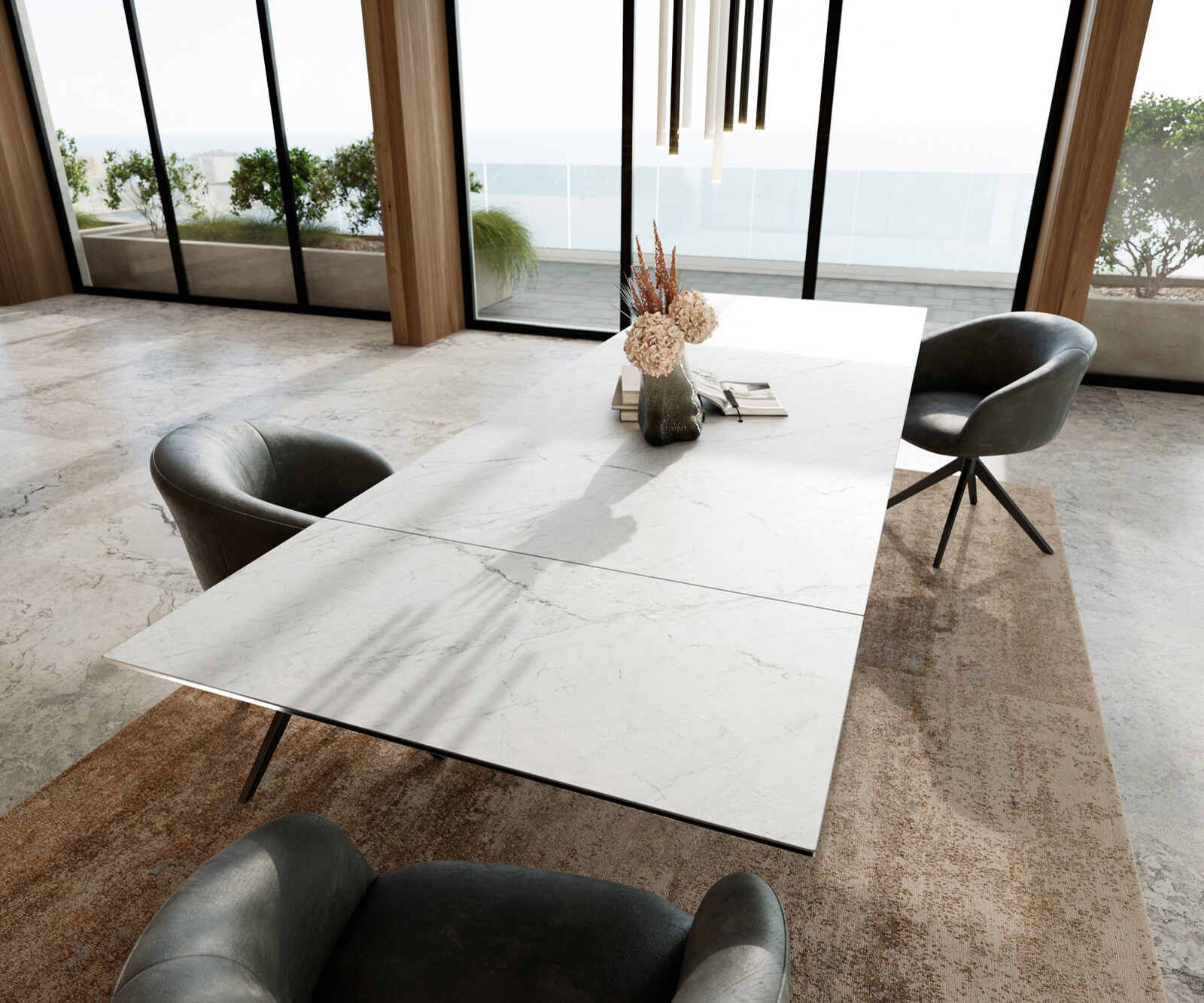 Table à manger Edge 200-300x100 cm Céramique Laminam®Statuarietto Blanc Infinity Métal Noir extensible 6