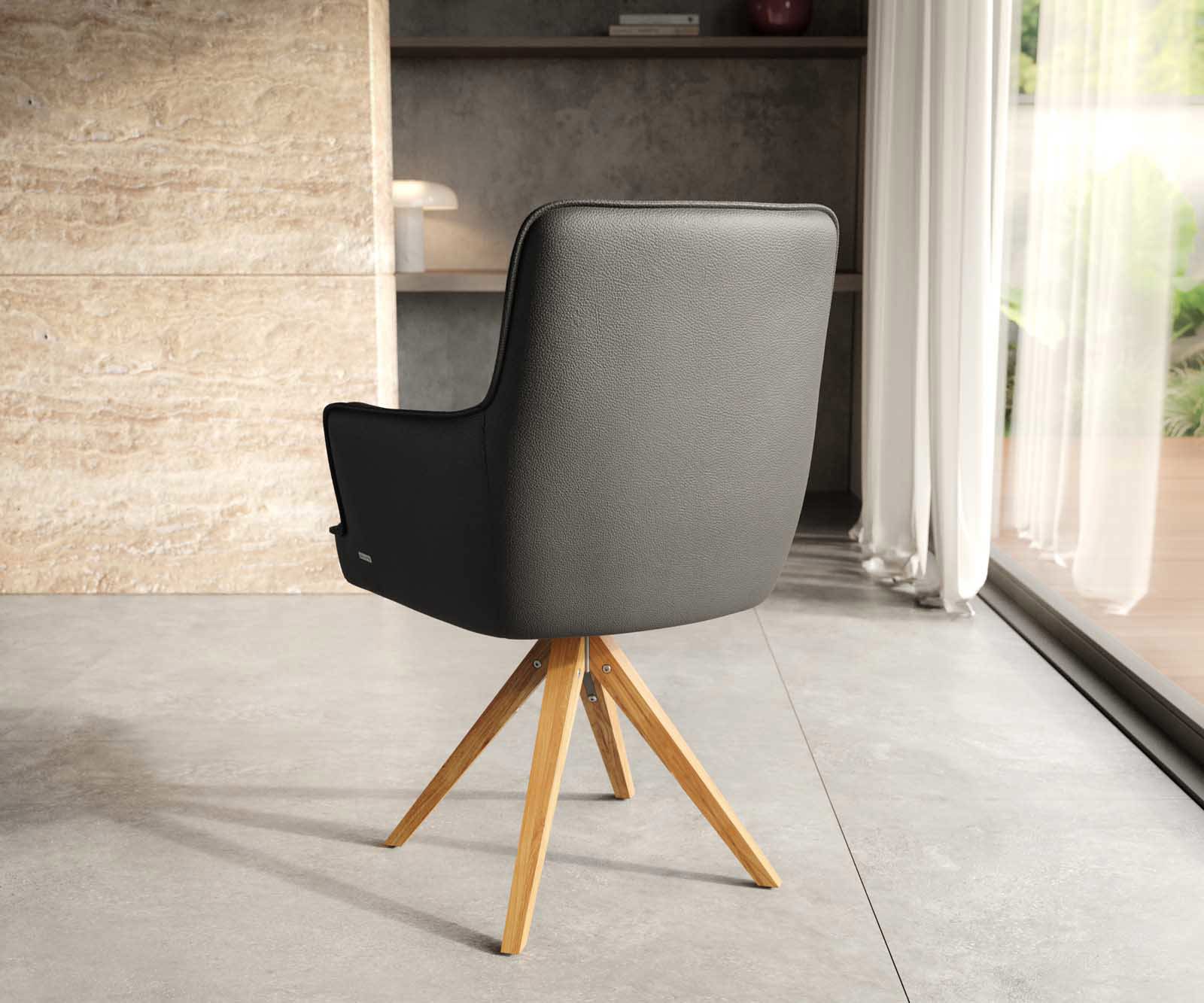Chaise-pivotante Heira-Flex avec accoudoirs cuir de vache noir pied en bois angulaire naturel pivotement sur 180° ressorts ensachés 4
