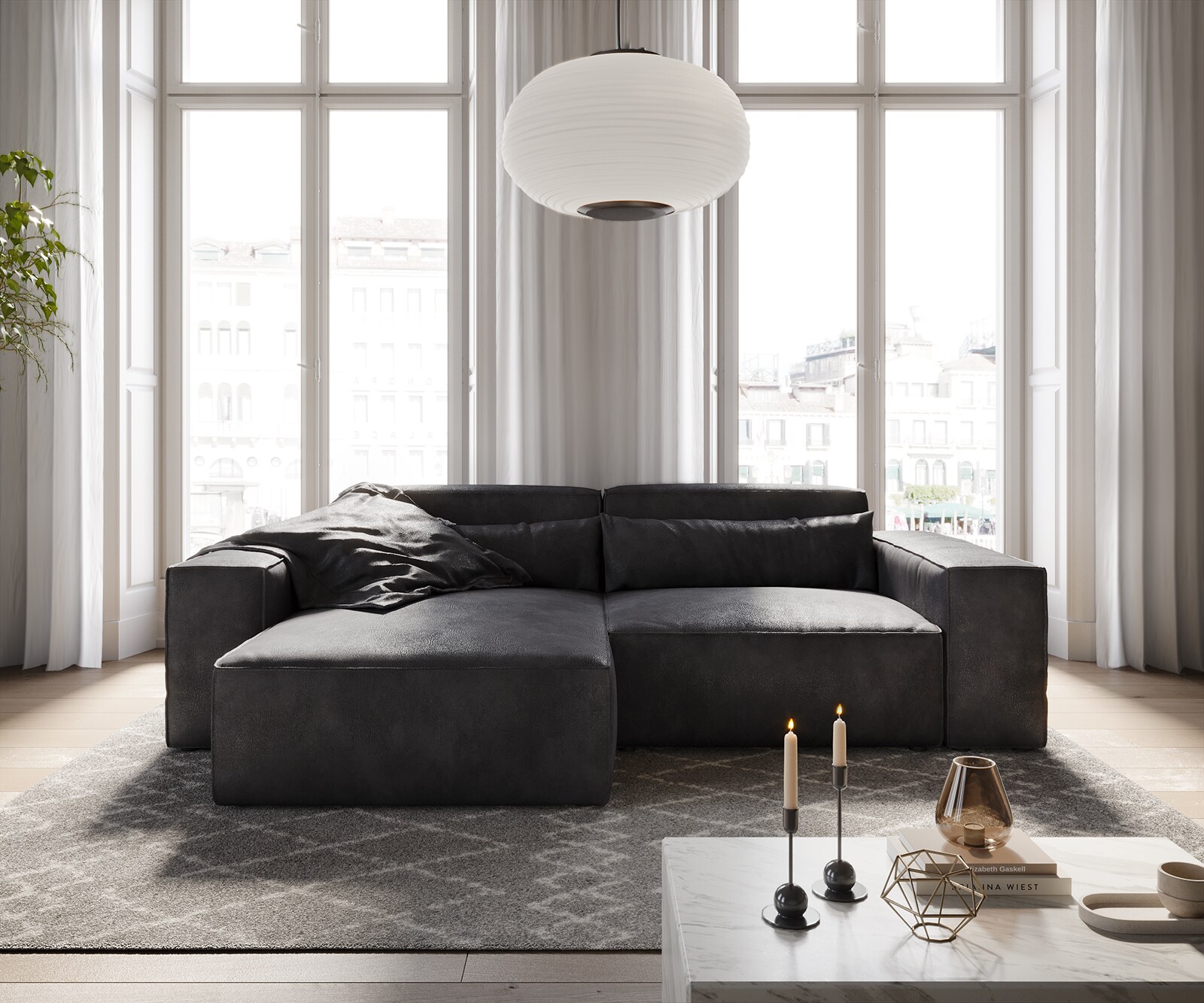 Canapé d'angle Sirpio 230x155 cm Cuir synthétique Vintage Anthracite Recamiere variable 2