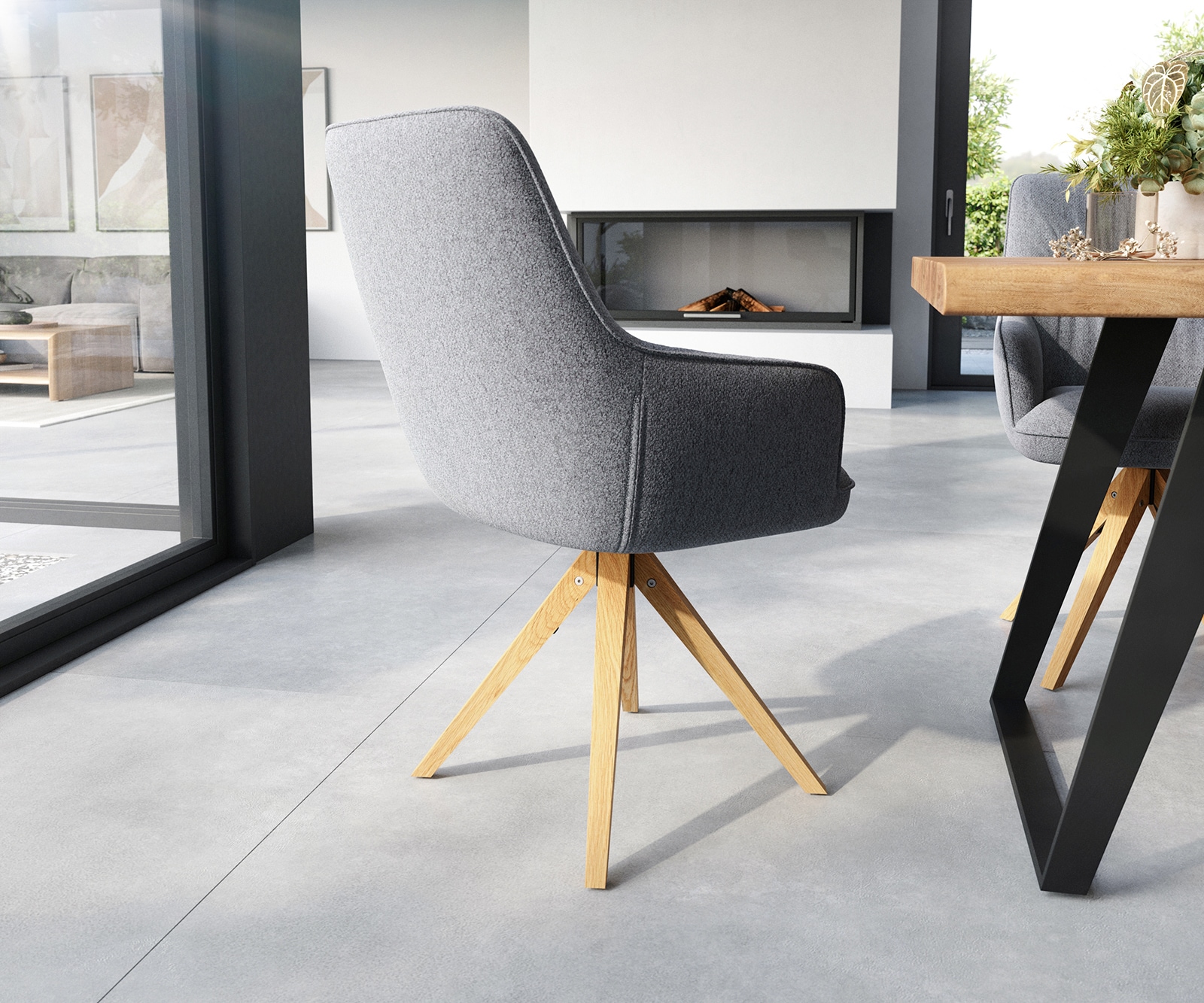 Esszimmerstuhl Zelia-Flex mit Armlehnen Strukturstoff Hellgrau Holzgestell kantig Natur Taschenfederkern 4 Esszimmerstuhl Zelia-Flex mit Armlehnen Strukturstoff Hellgrau Holzgestell kantig Natur Taschenfederkern 4