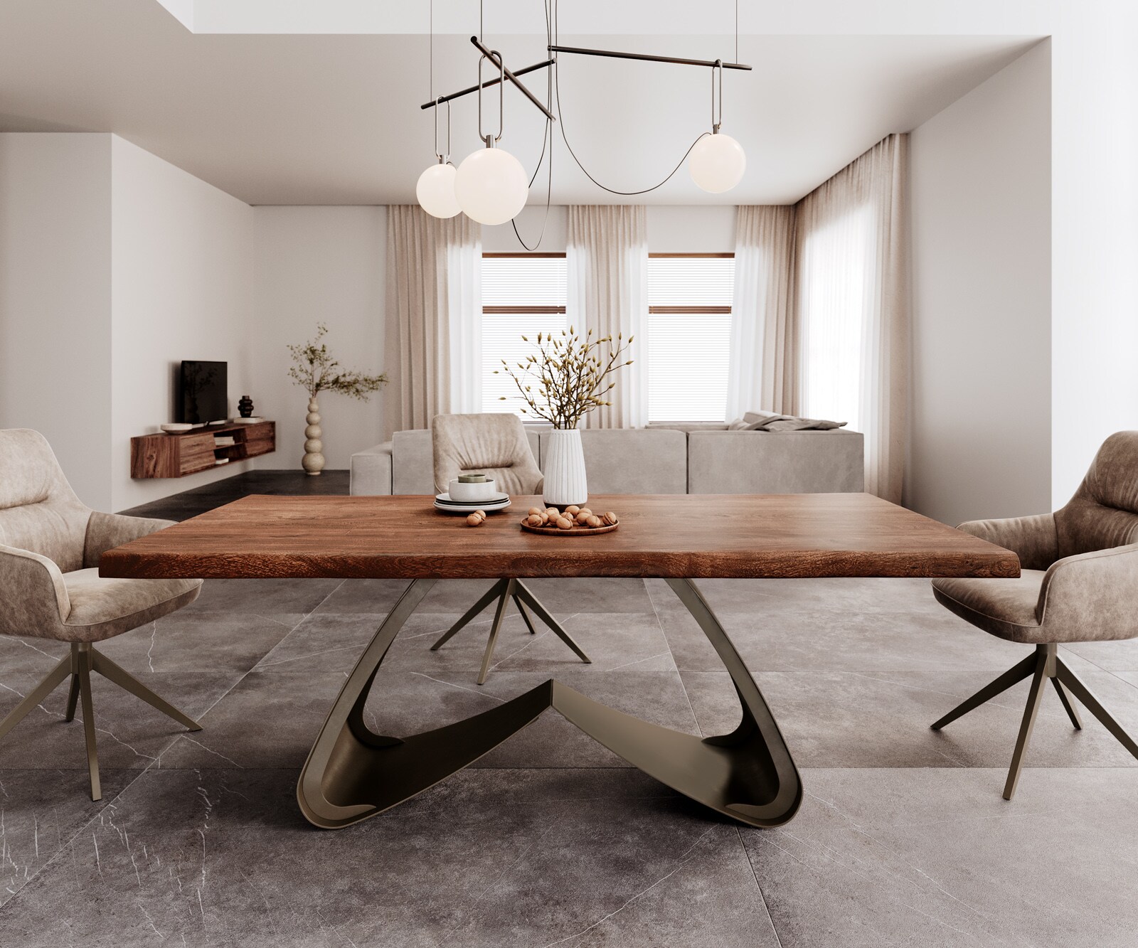 Table à manger Edge 200x100 XL Acacia Marron Cadre en W Métal finition à effet Titane Live-Edge 2