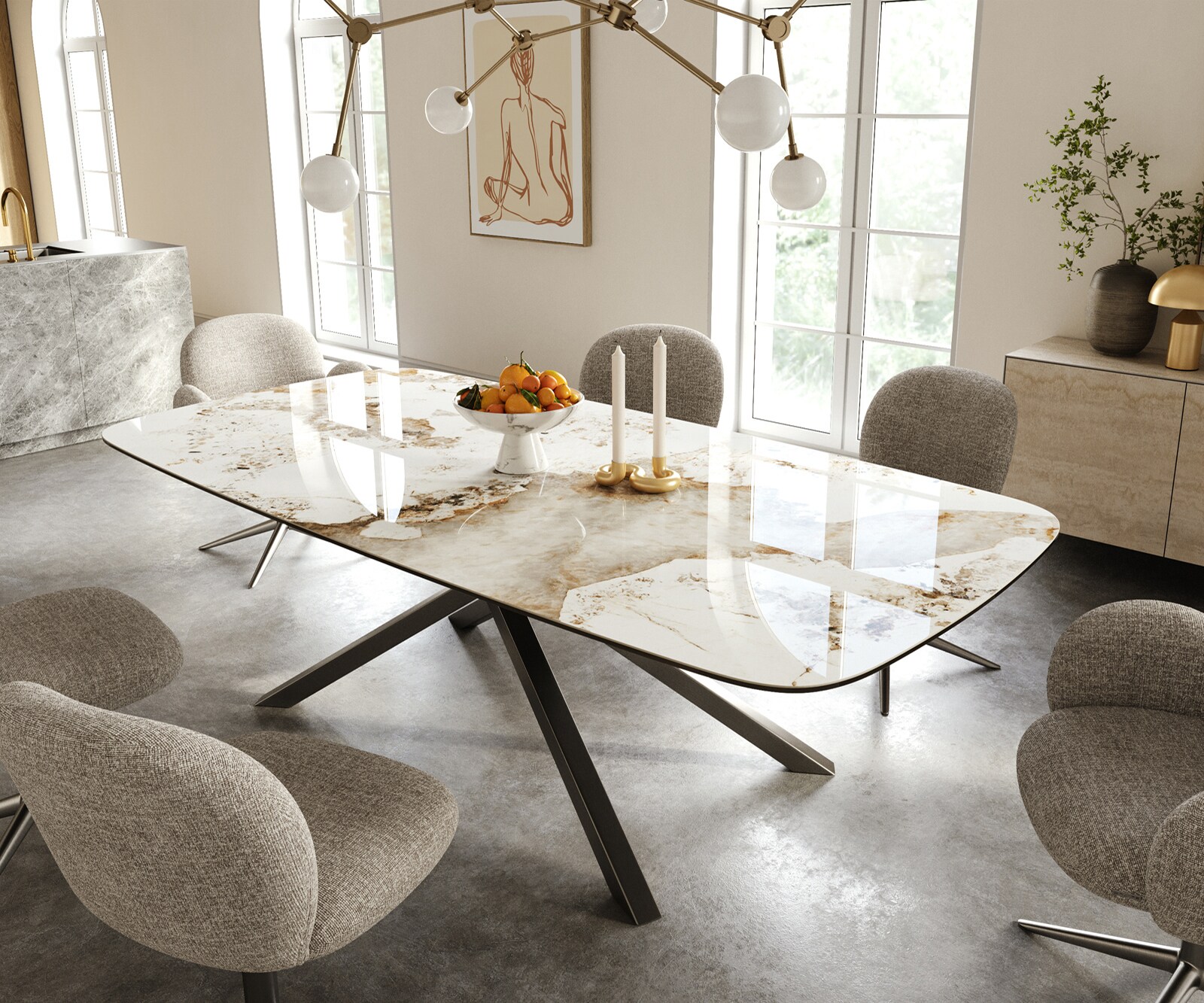 Table à manger Edge Boot 240x120 cm Céramique Minas Melange Blanc-Beige piètement en croix Rectangle Acier inoxydable Graphite