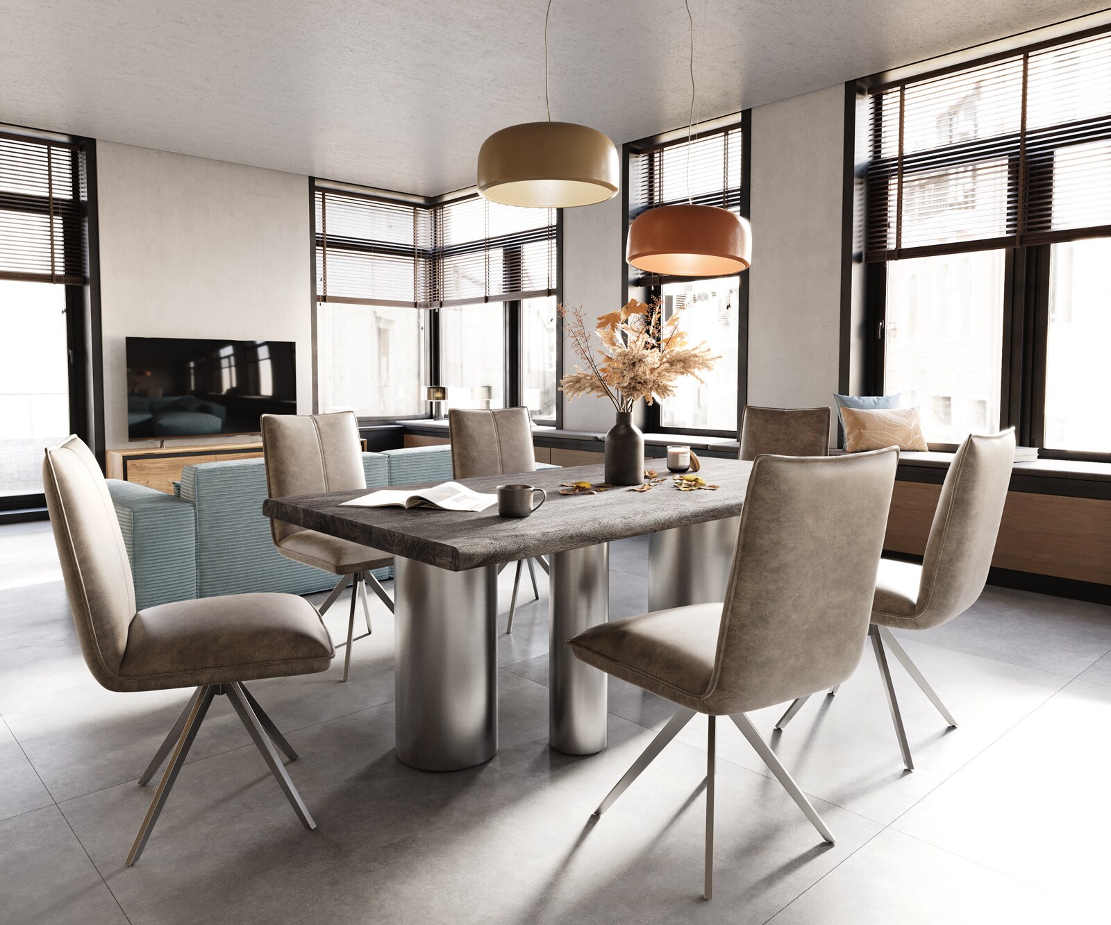 Esstisch Edge 200x100 XL Akazie Platin Troa Edelstahl gebürstet Live-Edge 5