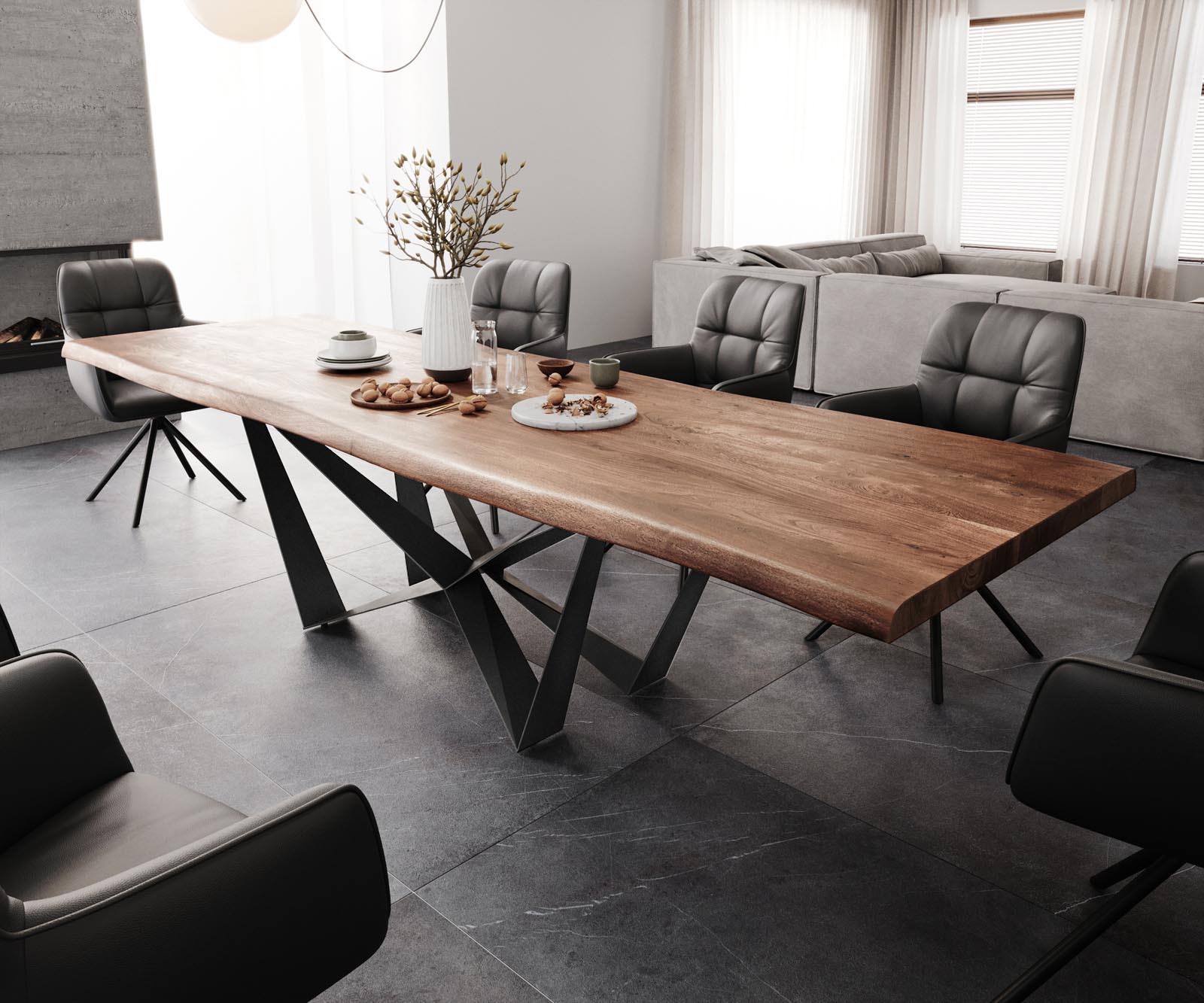 Table à manger Edge 300x100 XL Acacia marron Spider Acier plat Noir Live-Edge 1