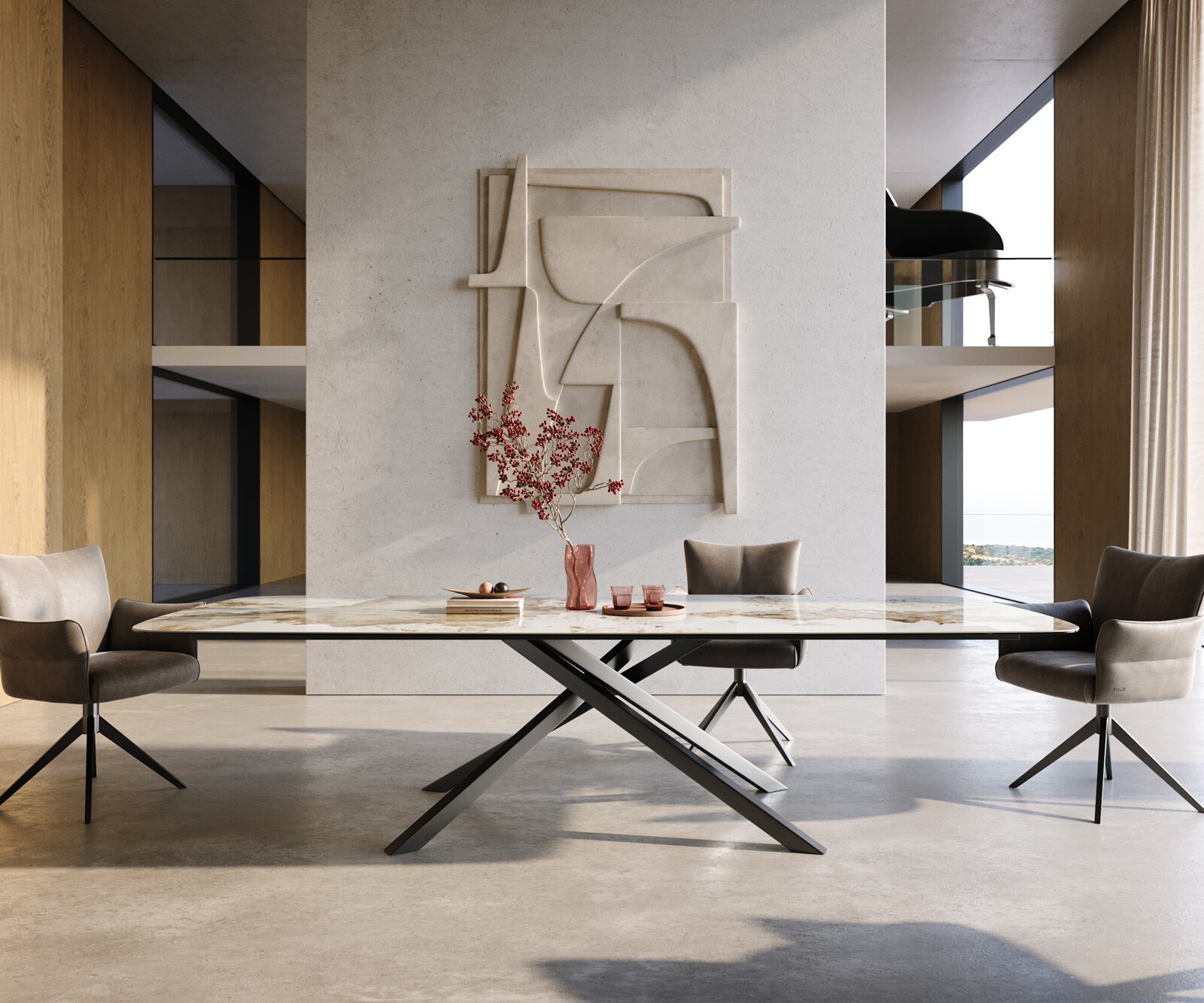 Esstisch Edge Boot 300x120 cm Keramik Minas Melange Weiß-Beige Kreuzgestell Rechteck Edelstahl Graphit 1