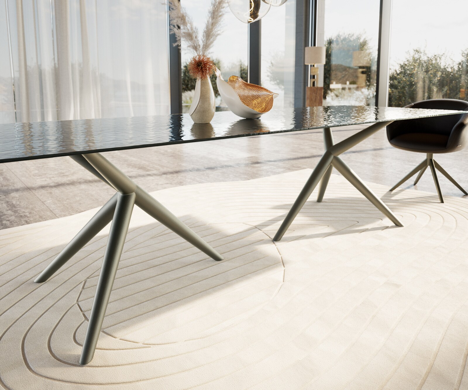 Table à manger Edge 300x100 verre en relief noir 3D-Design Estelar rond Métal finition à effet Titane 5
