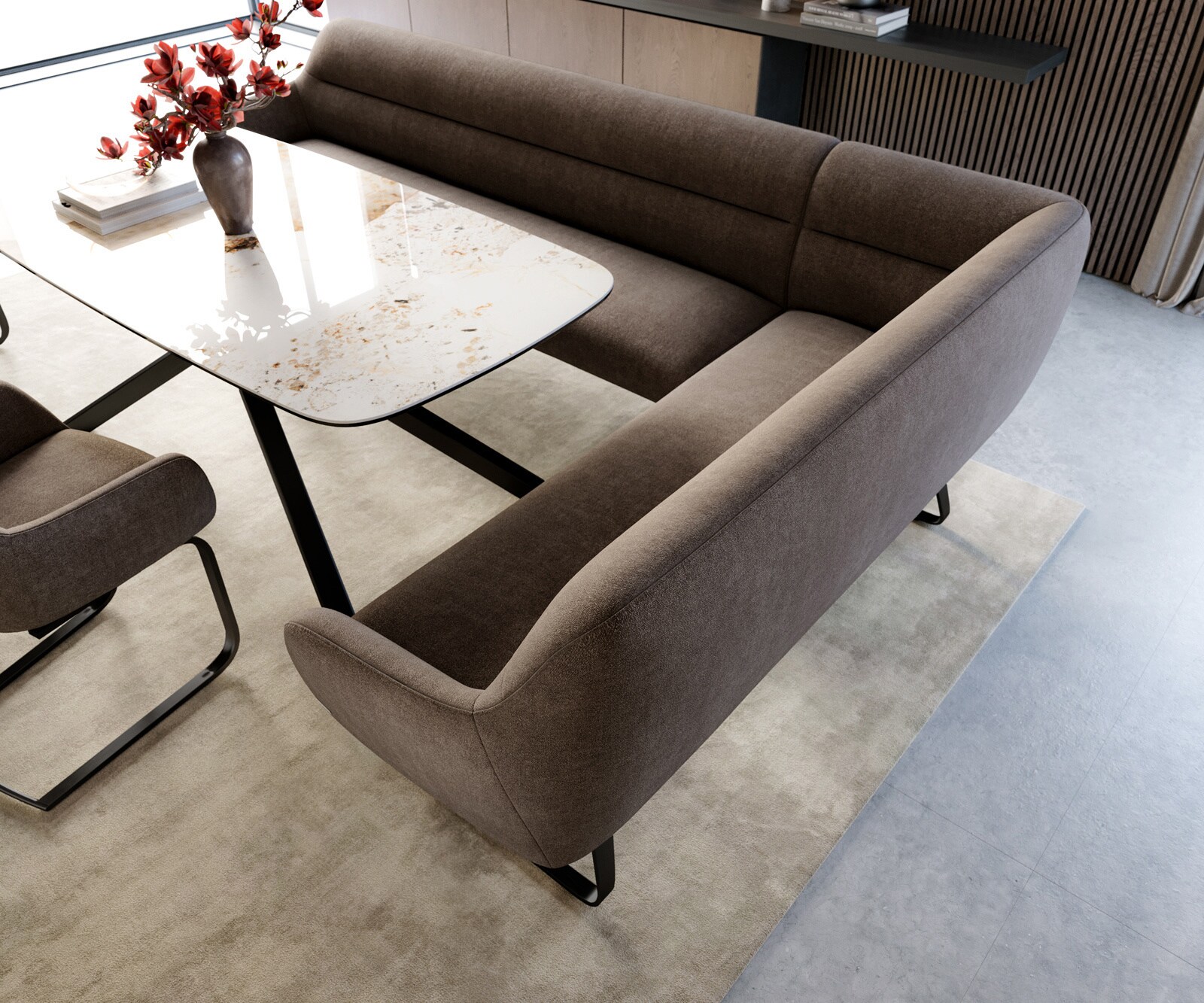 Esszimmerbank Taya-Flex 285x190 cm Strukturstoff Soft Taupe Kufengestell flach Schwarz Taschenfederkern Links 3