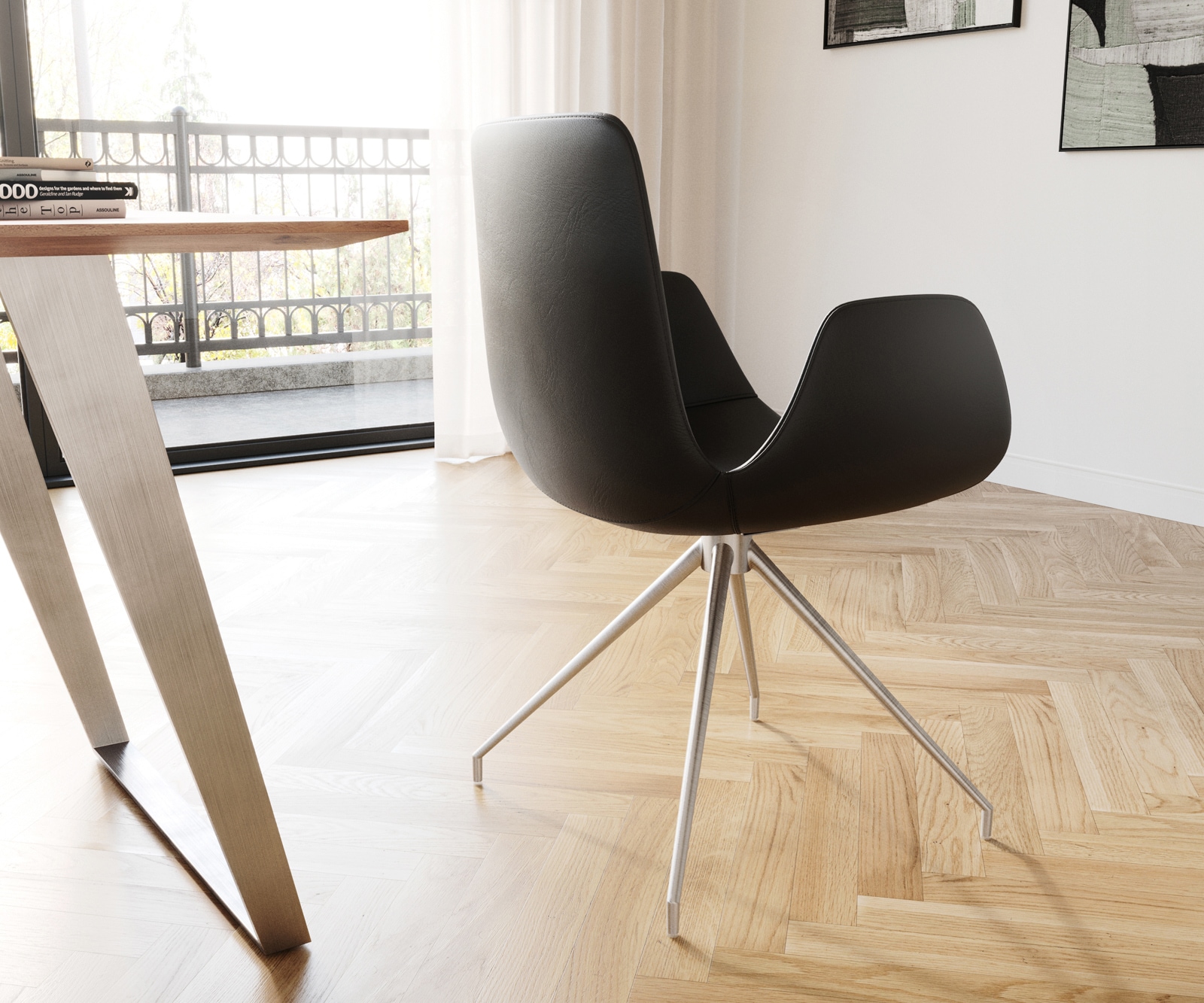 Esszimmerstuhl Ilia-Flex mit Armlehnen Echt-Leder Schwarz Kreuzgestell konisch Edelstahl 4 Esszimmerstuhl Ilia-Flex mit Armlehnen Echt-Leder Schwarz Kreuzgestell konisch Edelstahl 4