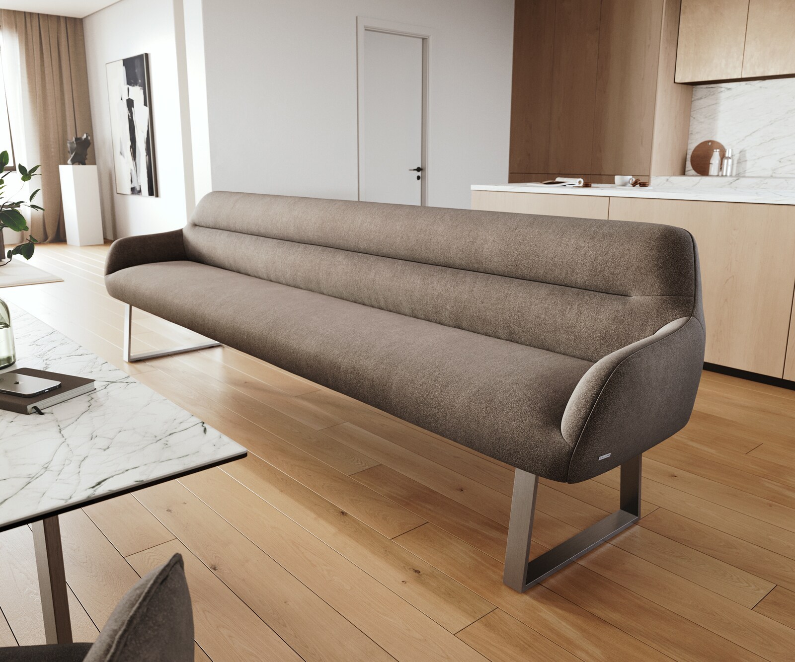 Banc-de-salle-à-manger Taya-Flex 300 cm tissu structuré doux taupe piètement à patins angulaire acier inoxydable ressort ensaché