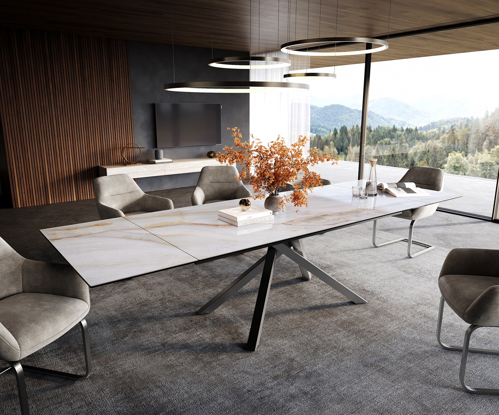 Esstisch Edge 200-300x100 cm Keramik Onyx Pearl Kreuzgestell Rechteck Edelstahl Graphit ausziehbar