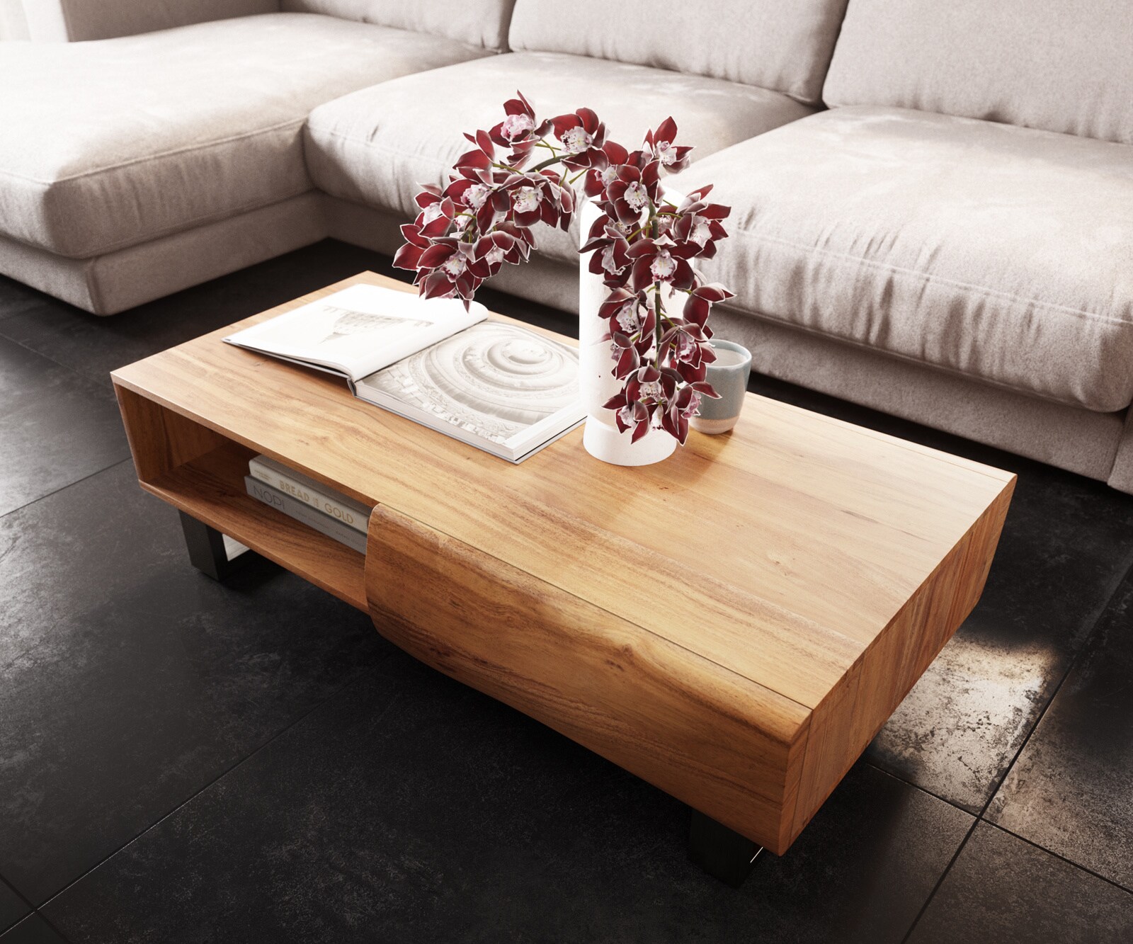 Table-basse New Live-Edge 115x60 cm acacia naturel 2 tiroirs 1 compartiment patin inoxydable brossé 3