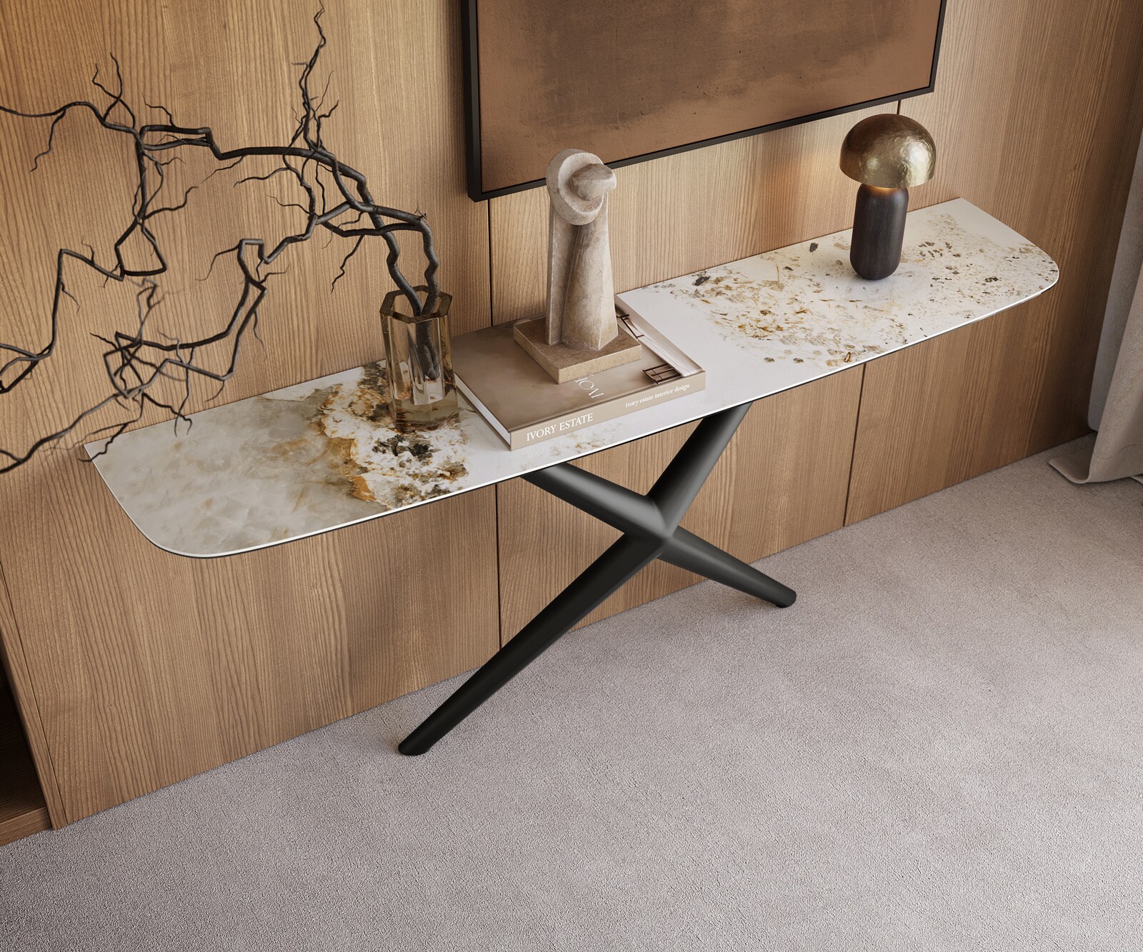 Console Edge forme bateau 180x40 cm Céramique Minas Melange Weiß-Beige Estelo Métal Noir 2