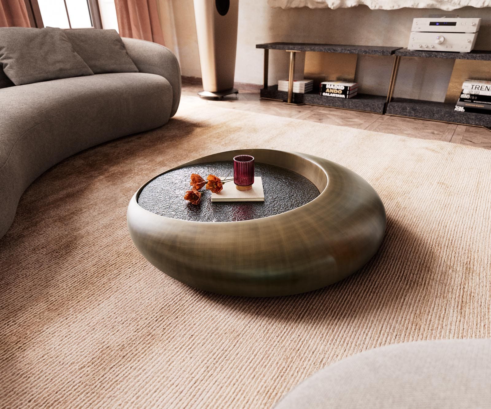 Table basse Blaise 100x100 cm or avec verre en relief taupe Table basse Blaise 100x100 cm or avec verre en relief taupe