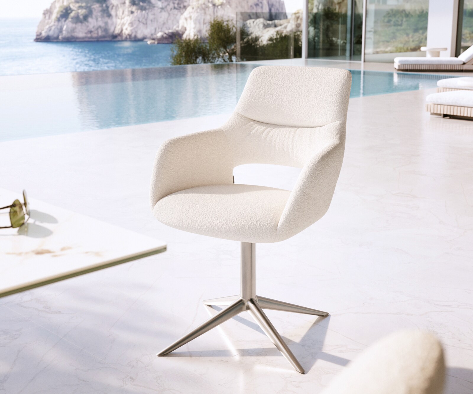 Chaise-d'extérieur Yago-Flex avec accoudoirs bouclé blanc pied de chaise 4 branches acier inoxydable pivotement sur 360° fonction bascule