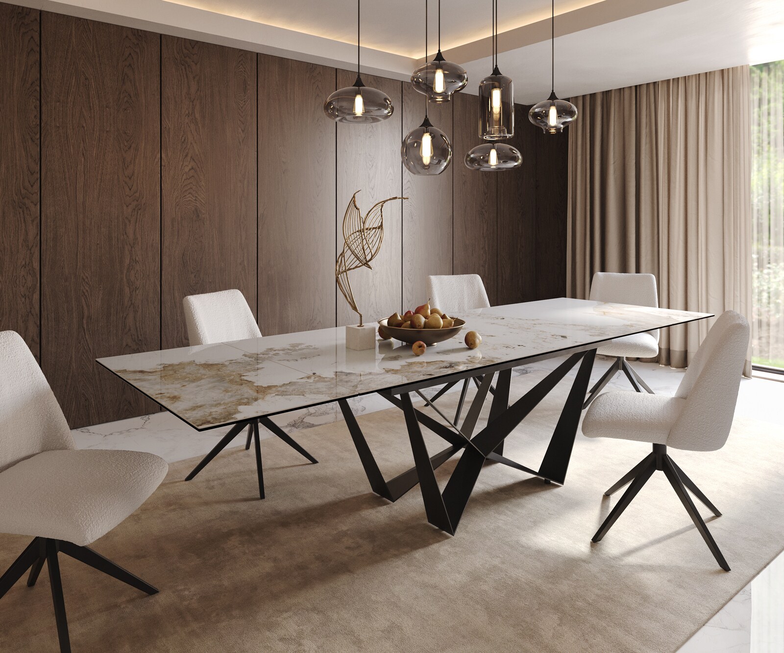 Table à manger Edge 200-300x100 céramique Minas mélange blanc-beige Spider acier plat noir extensible 1