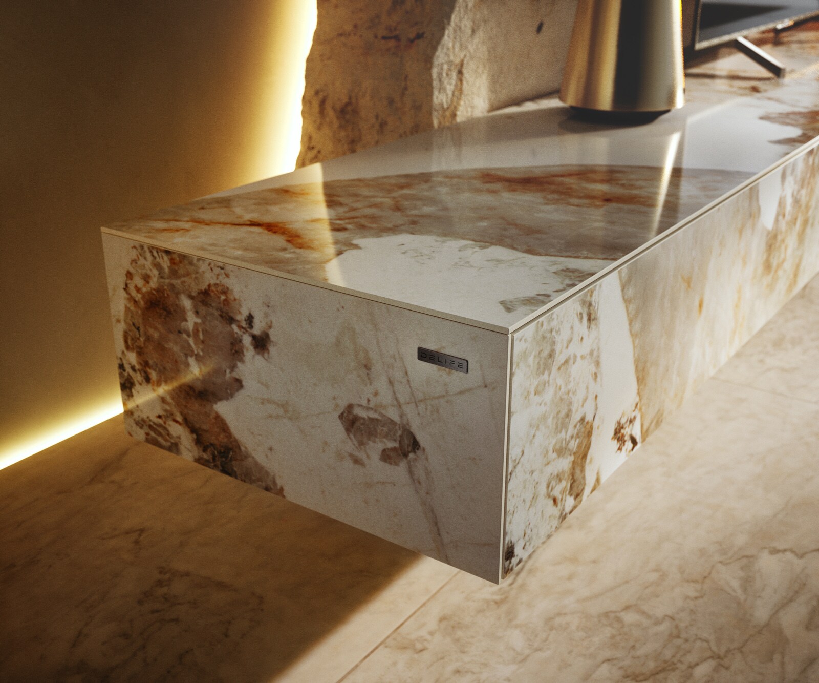 Meuble-TV Cuor 250 cm Céramique Minas Melange Blanc-beige 1 Clapet 1 Tiroir Pied optique flottant Métal Noir 7