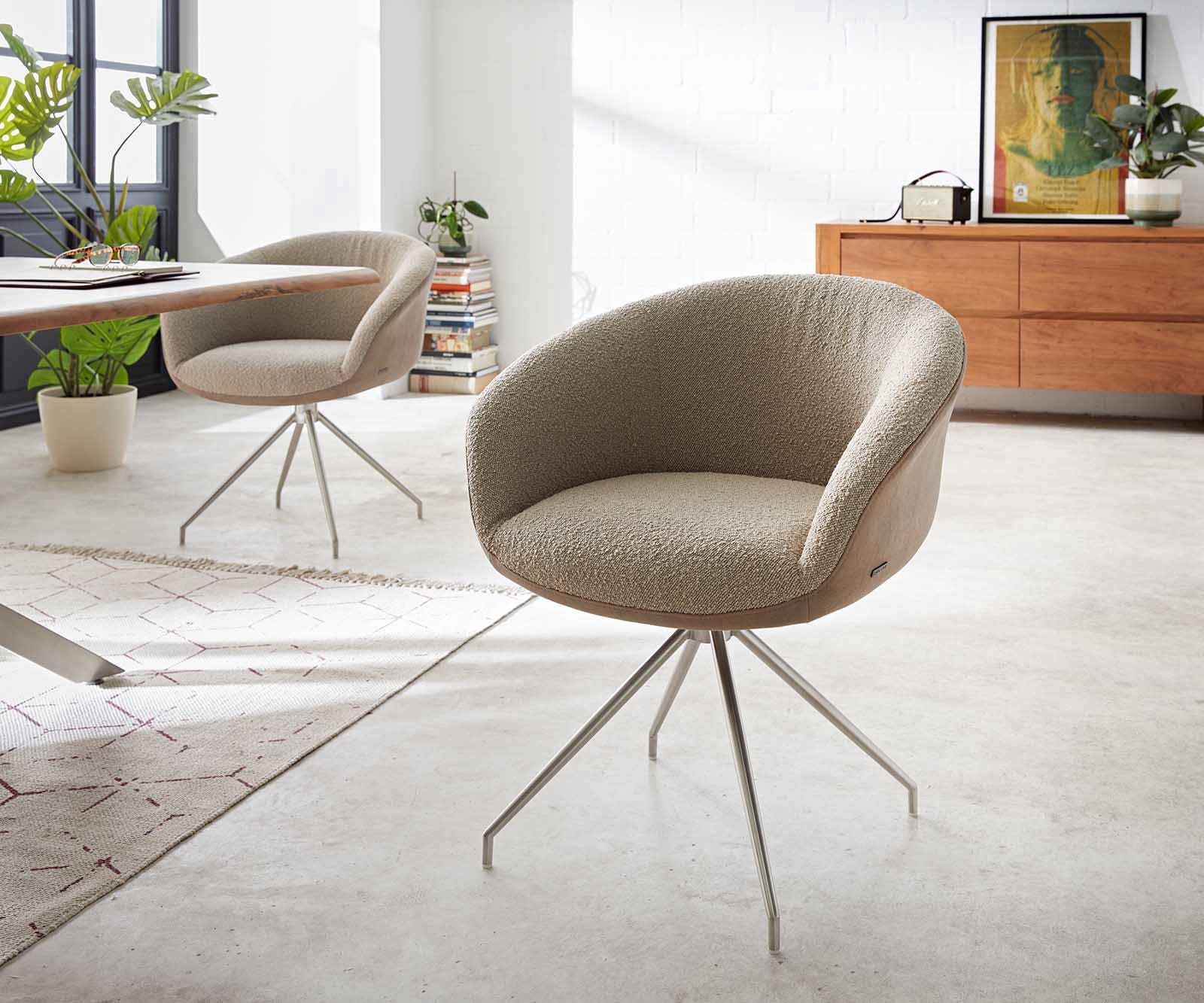 Drehstuhl Vinka-Flex mit Armlehnen Materialmix Schlamm Kreuzgestell konisch Edelstahl 180° drehbar Taschenfederkern Drehstuhl Vinka-Flex mit Armlehnen Materialmix Schlamm Kreuzgestell konisch Edelstahl 180° drehbar Taschenfederkern