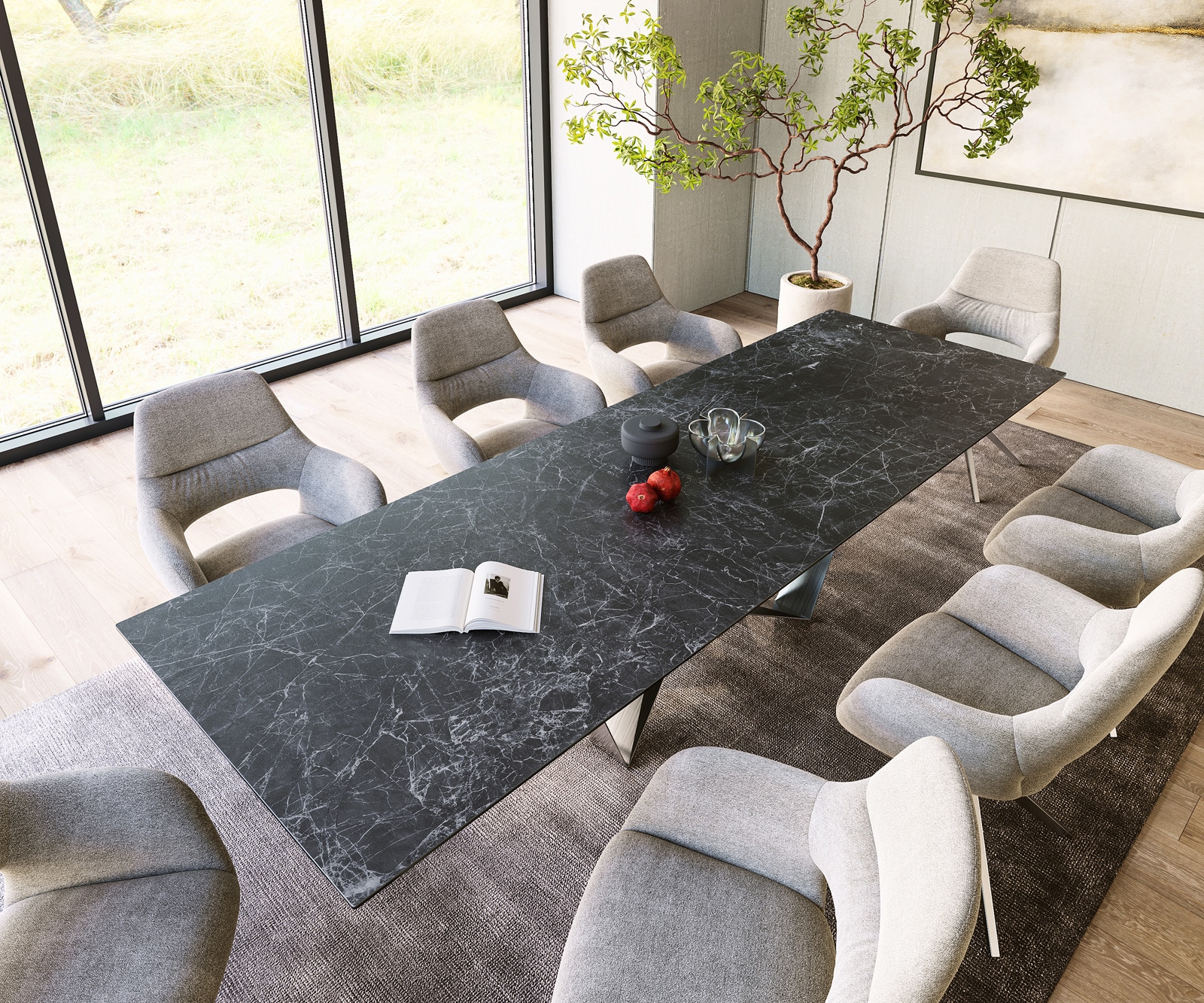 Table-à-manger Edge 300x100cm Laminam® céramique gris pieds milieu acier plat argent 3 Table-à-manger Edge 300x100cm Laminam® céramique gris pieds milieu acier plat argent 3