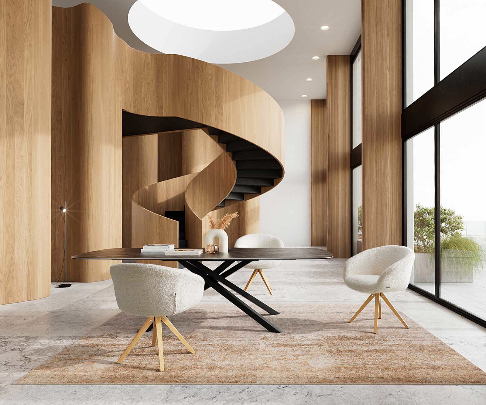Chaise-pivotante Vinka-Flex avec accoudoirs bouclé blanc pied en bois angulaire naturel pivotement sur 180° ressorts ensachés 5