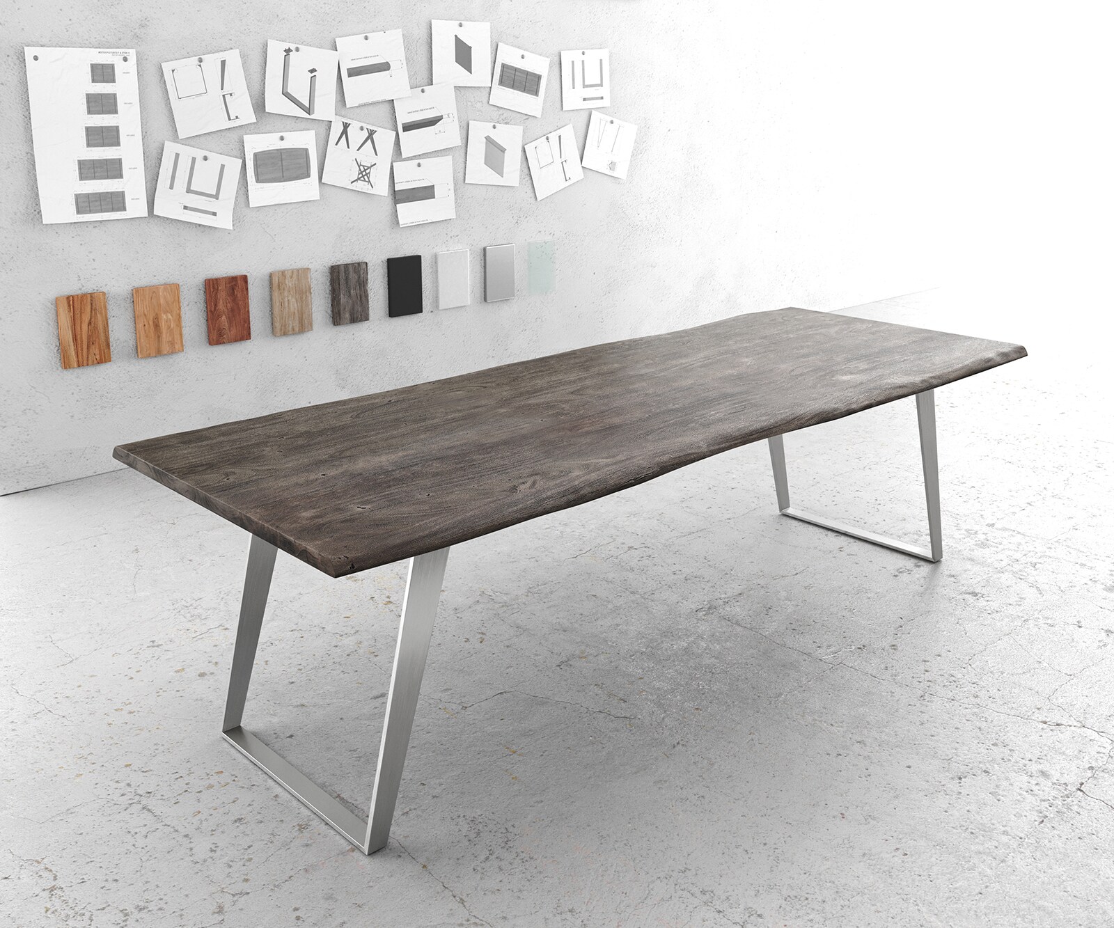 Esstisch Edge 260x100cm Akazie Platin Edelstahl Silber schräg Live-Edge 1