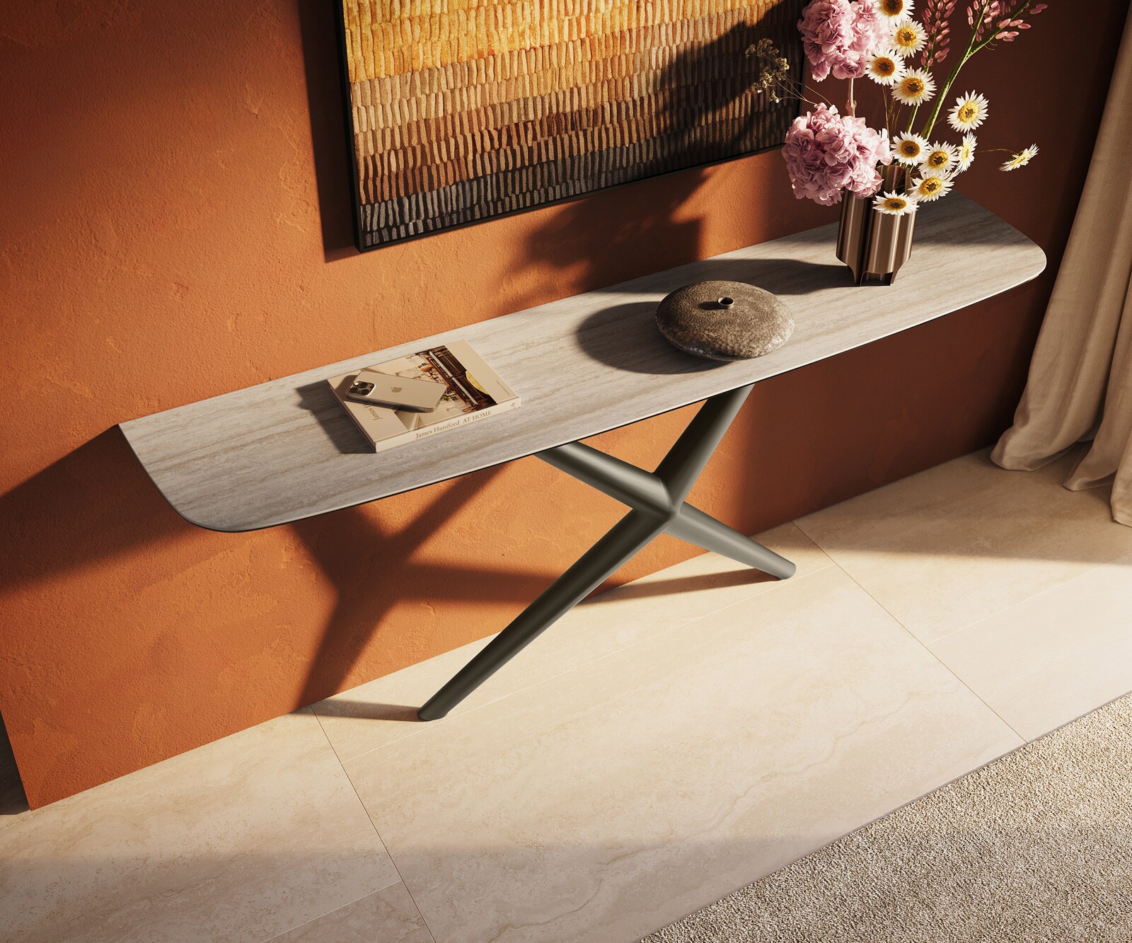 Console Edge forme bateau 180x40 cm Céramique Laminam® Travertino Bianco Creme-Weiß Estelo Métal Effektfinish Titan 3