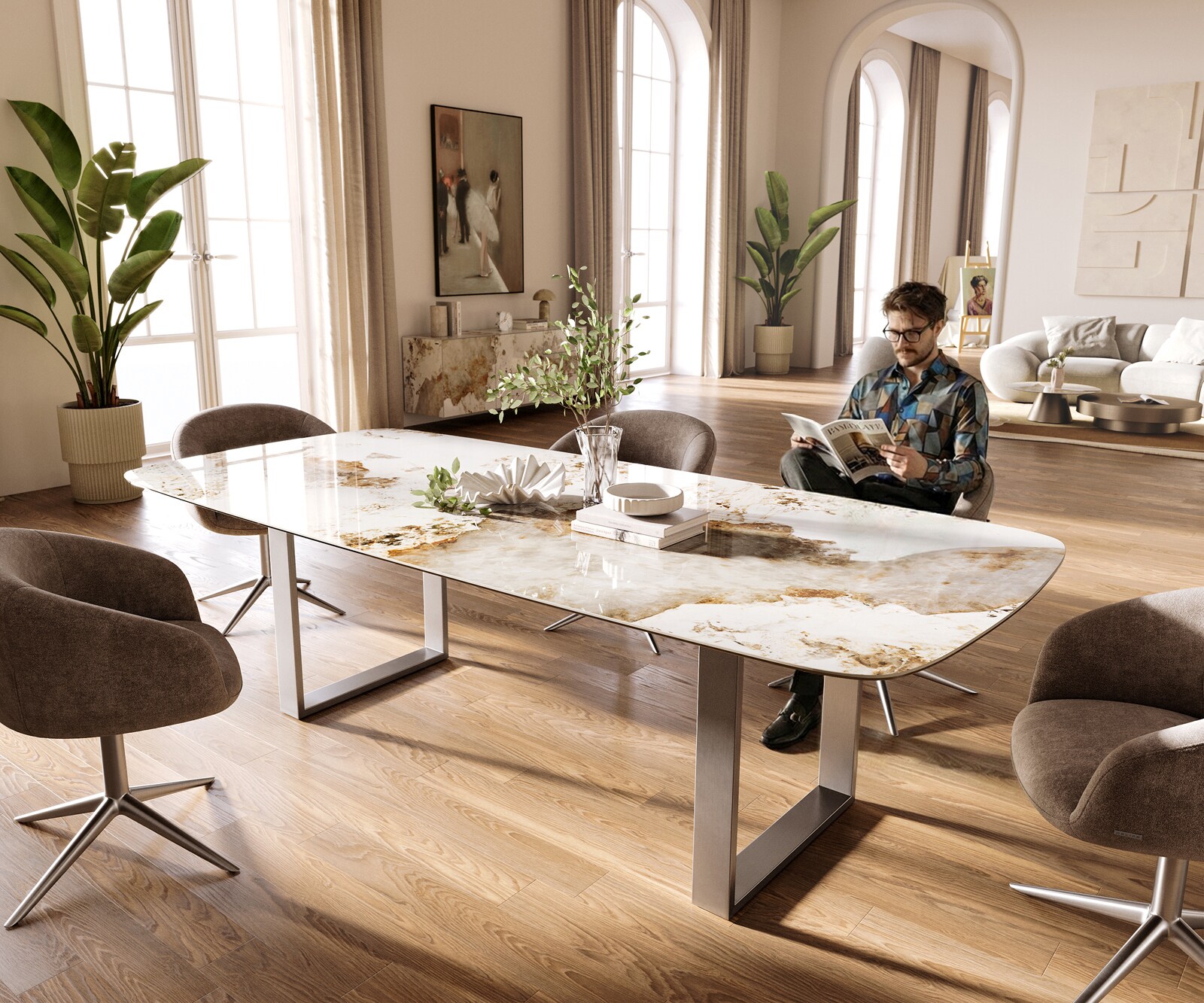 Esstisch Edge Boot 260x120 cm Keramik Minas Melange Weiß-Beige Edelstahl Schmal