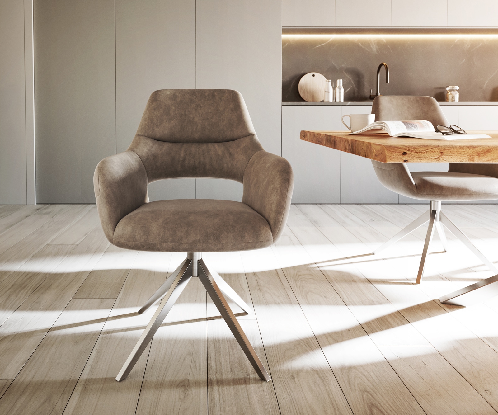 Esszimmerstuhl Yago-Flex mit Armlehnen Mikrofaser Taupe Vintage Kreuzgestell breit Edelstahl Taschenfederkern 1 Esszimmerstuhl Yago-Flex mit Armlehnen Mikrofaser Taupe Vintage Kreuzgestell breit Edelstahl Taschenfederkern 1