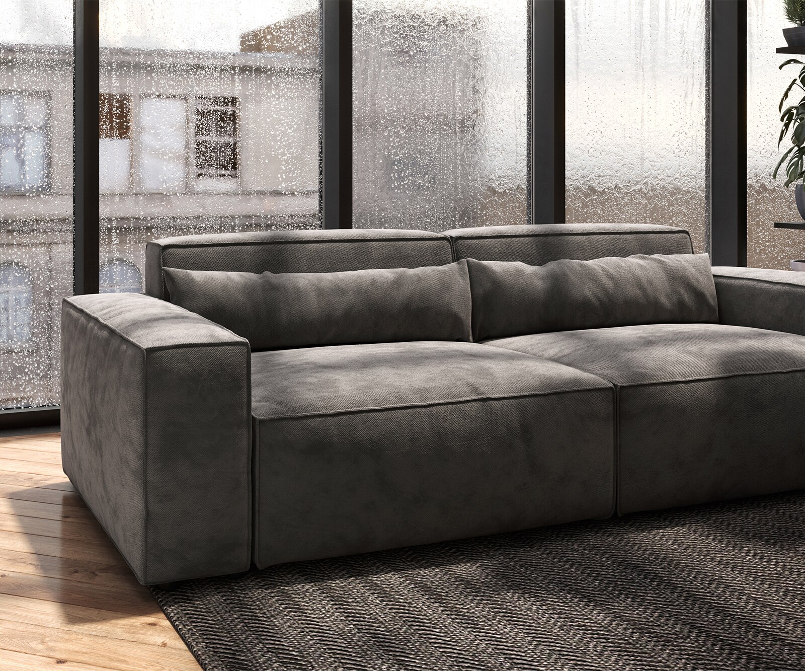 Grand Canapé Sirpio 230x95 cm Microfibre Marron Kaki avec Tabouret 5