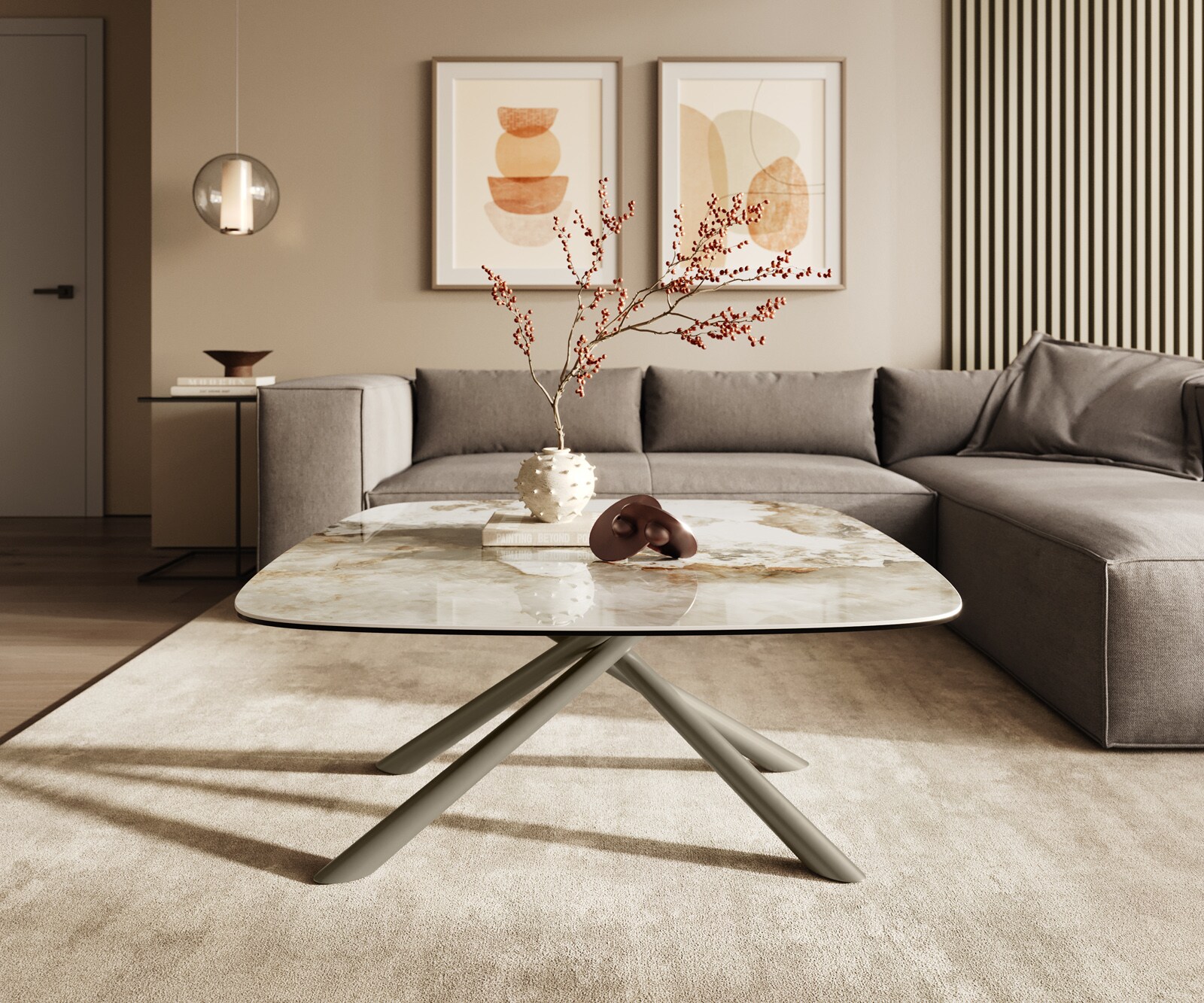 Table basse Edge Boot 90x90 cm céramique Minas Melange Sarity Metall finition effet titane 2