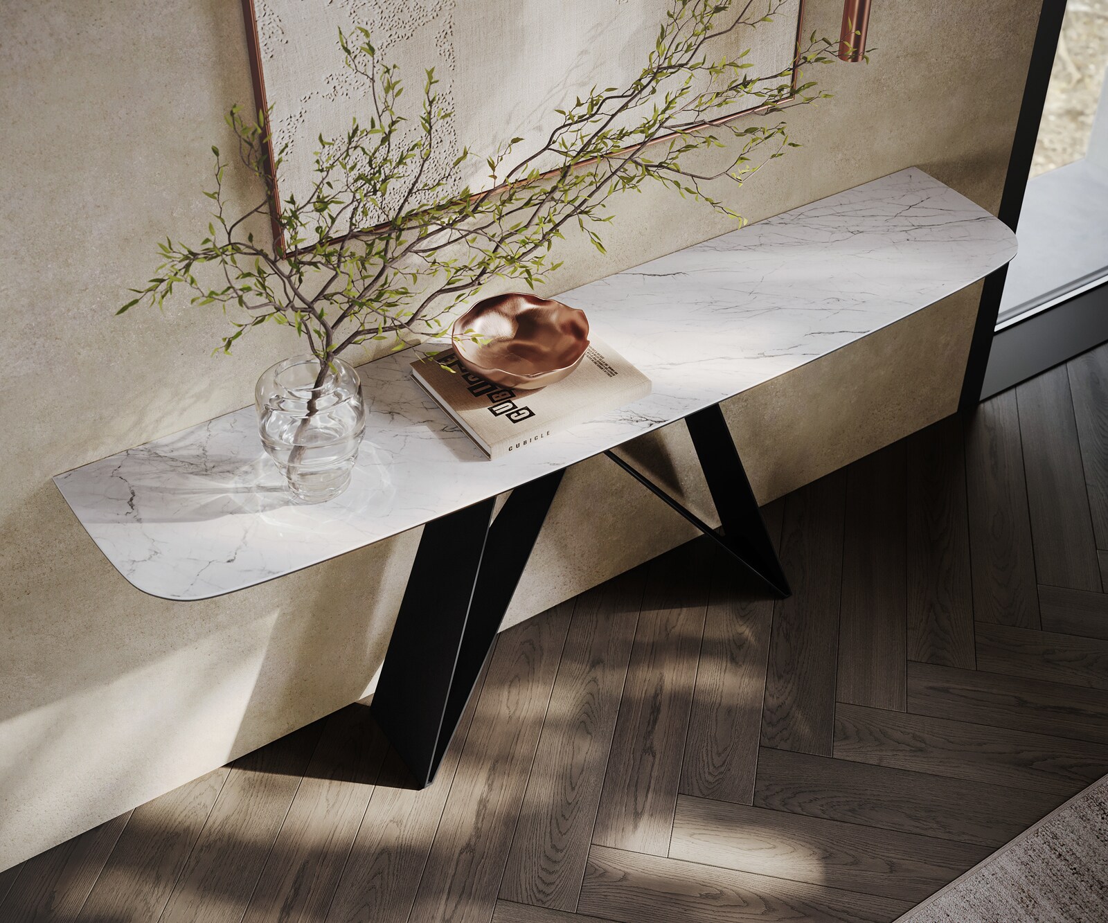 Console Edge forme bateau 180x40 cm Céramique Laminam® Statuarietto Weiß Velio Métal Noir 2